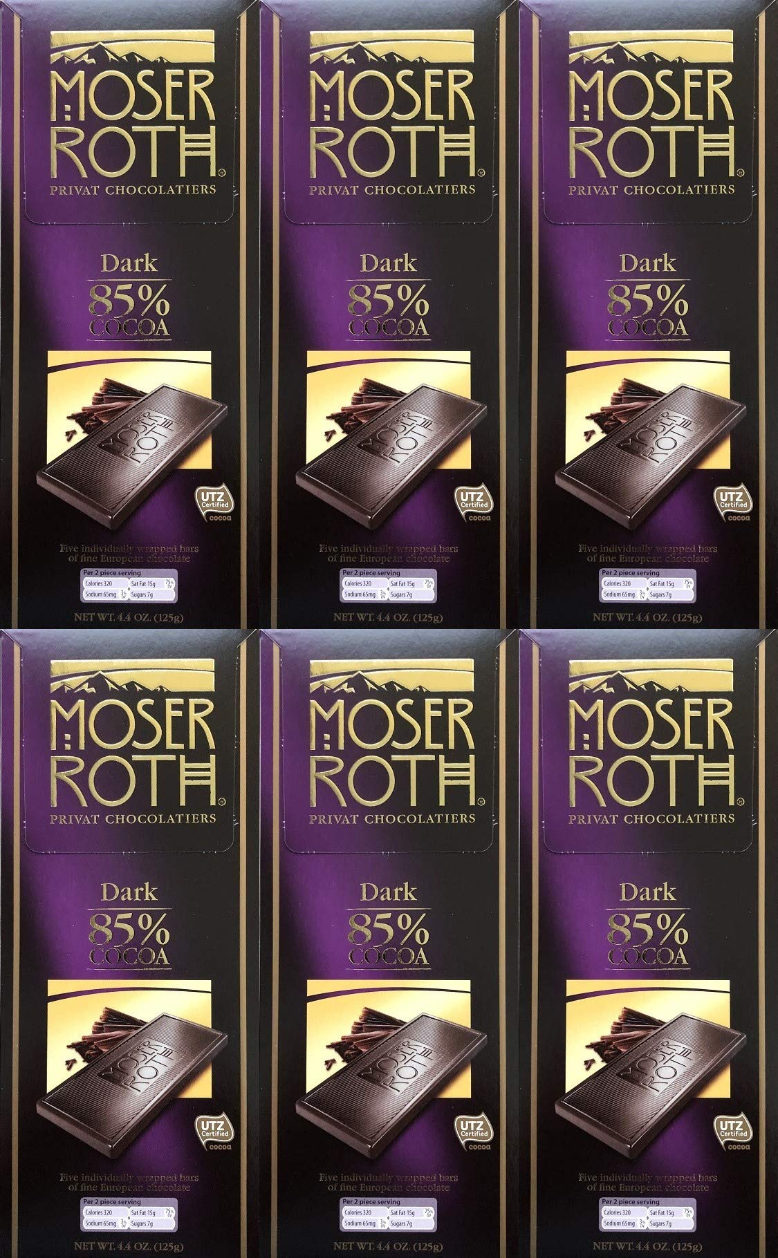 Boxed 6 Pack ~ 85% Cocoa Dark Chocolate ~ Moser Roth Fine German Chocolate Bar (s) ~ With Bonus Sample!