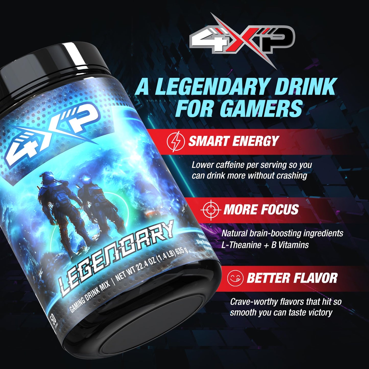4XP Legendary Blue Raspberry Gaming Energy Drink Mix| Low-Cafeine Nootropic Powder with B Vitamins & Bold Blue Raspberry Flavor for Gamers |