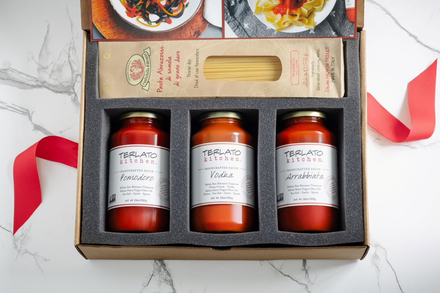 Terlato Kitchen Classic Italian Pasta Sauce Gift Set with Spaghetti, 3 Handcrafted Sauces, Pomodoro Vodka Arrabbiata, San Marzano Tomatoes