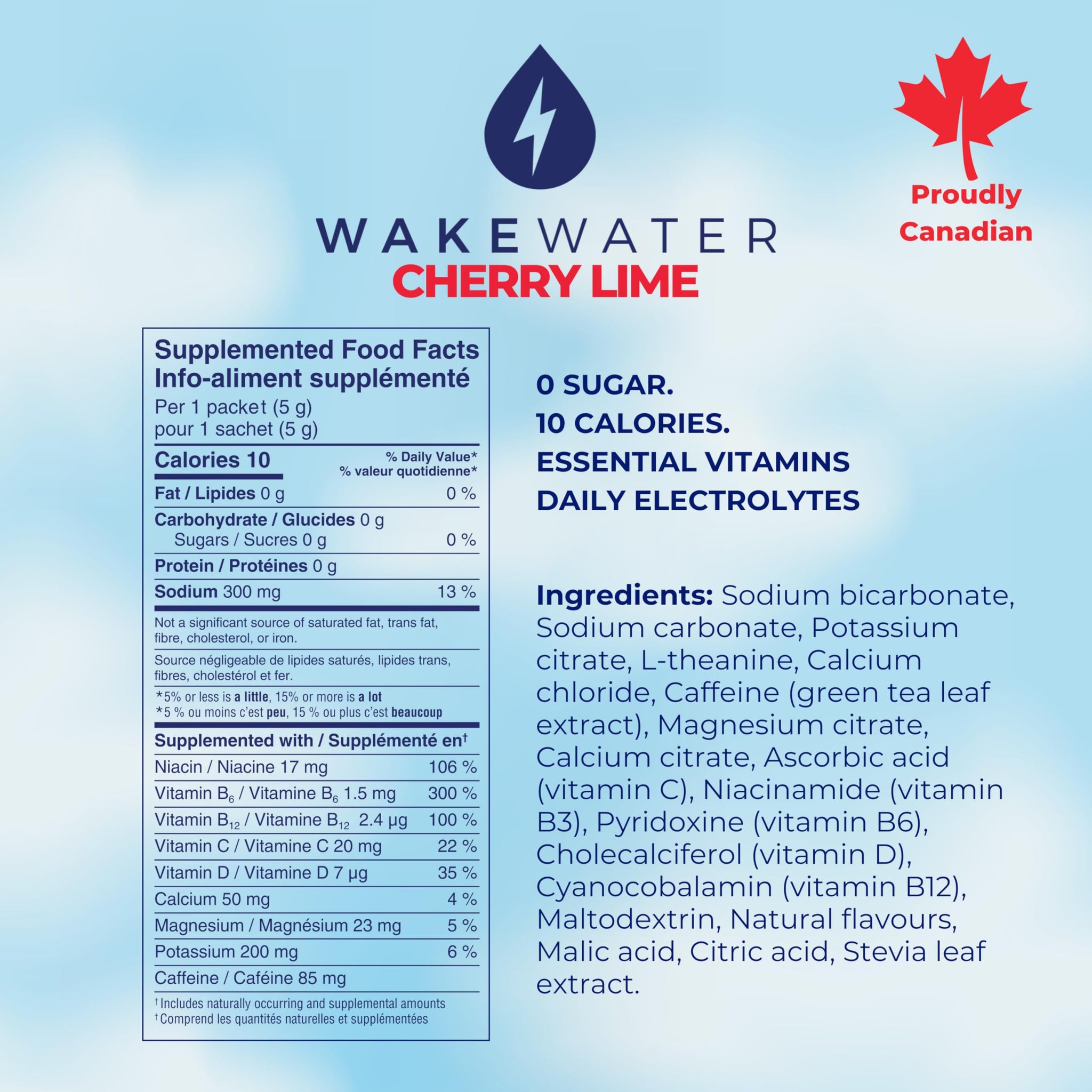 WakeWater Plus Energy Powder | Cherry Lime, 10 x 5g sticks | Vitamins and Electrolytes | Natural Green Tea Caffeine | No Sugar or Artificial