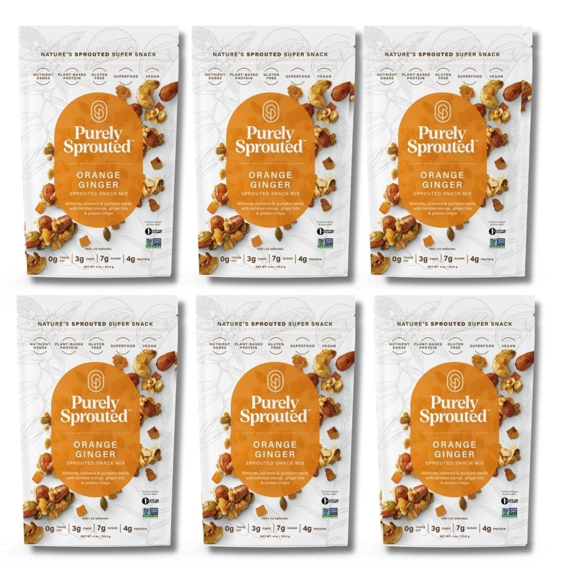 Purely Sprouted Orange Ginger Sprouted Snack Mix with Almond, Cashew Nuts & Pumpkin Seeds - Grain and Gluten Free, Non-GMO, Vegan - Ideal