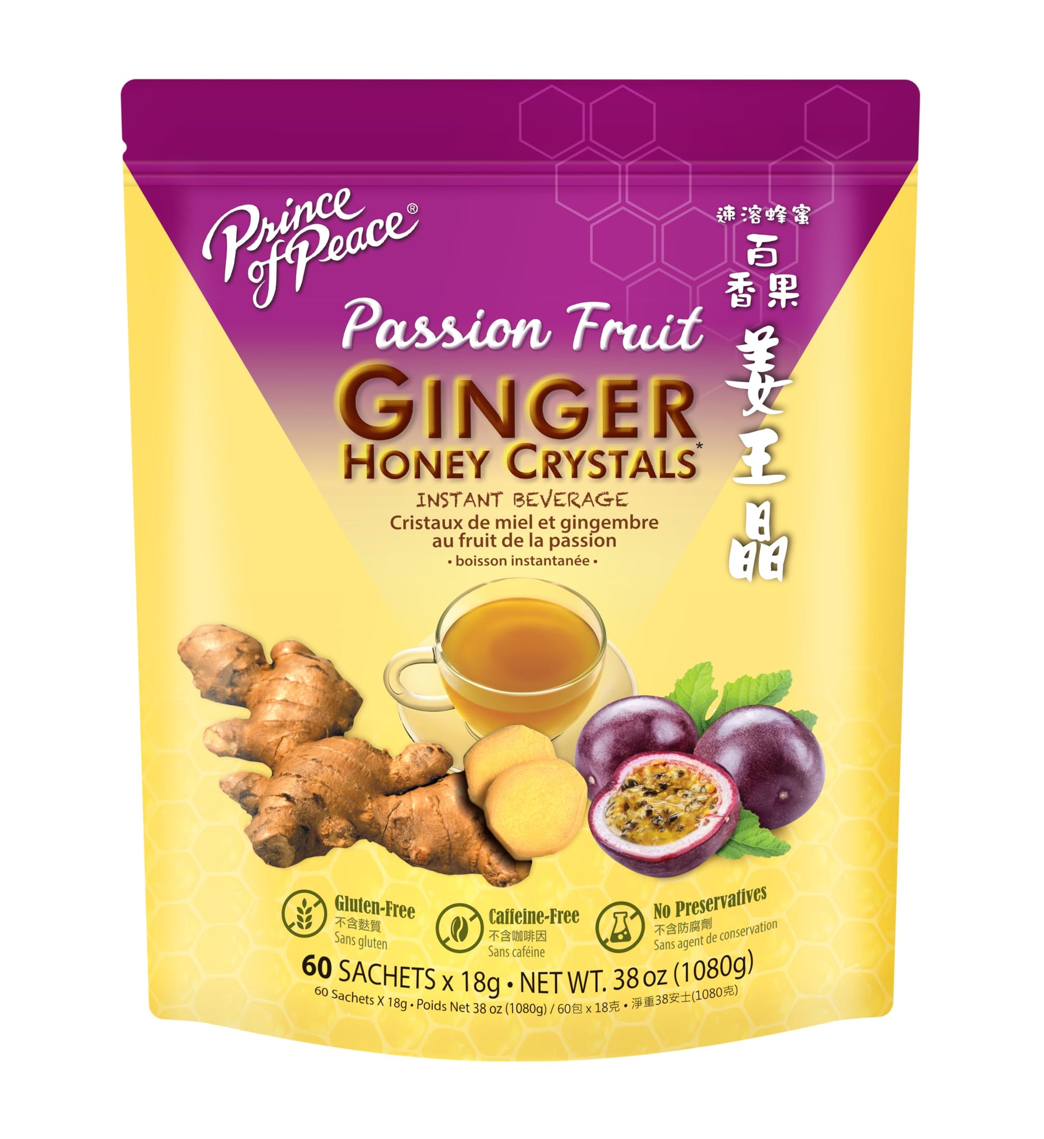 Prince of Peace Instant Ginger Honey Crystal with Passion Fruit 18g x 60 (bag) - Instant Hot or Cold Beverage that Soothes Throat - Easy to Brew
