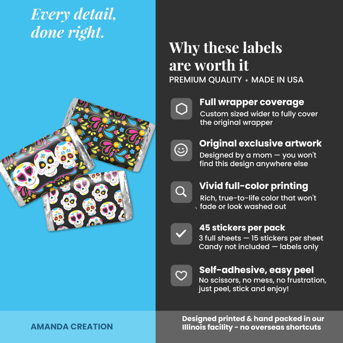 Sugar Skull Day of The Dead, Dia De Los Muertos Halloween Themed Mini Chocolate Candy Bar Sticker Wrappers, 45 1.4" x 2.6" Wrap Around Labels by