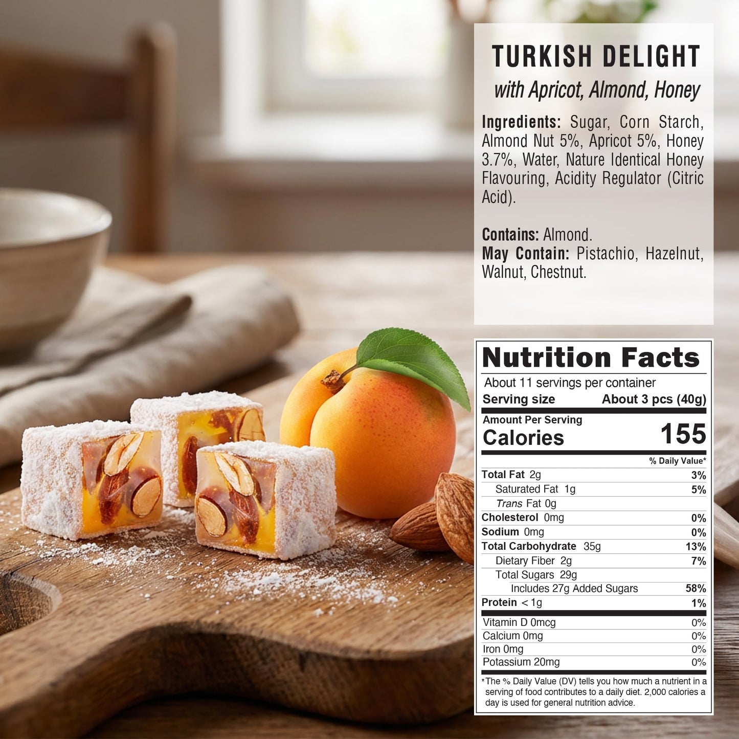 Hazer Baba Turkish Delight Candy with Apricot, Almond & Honey, Gourmet Snack Box, Traditional, Turkish Lokum, Unique Sweets, Loukumi, Delicias Turcas