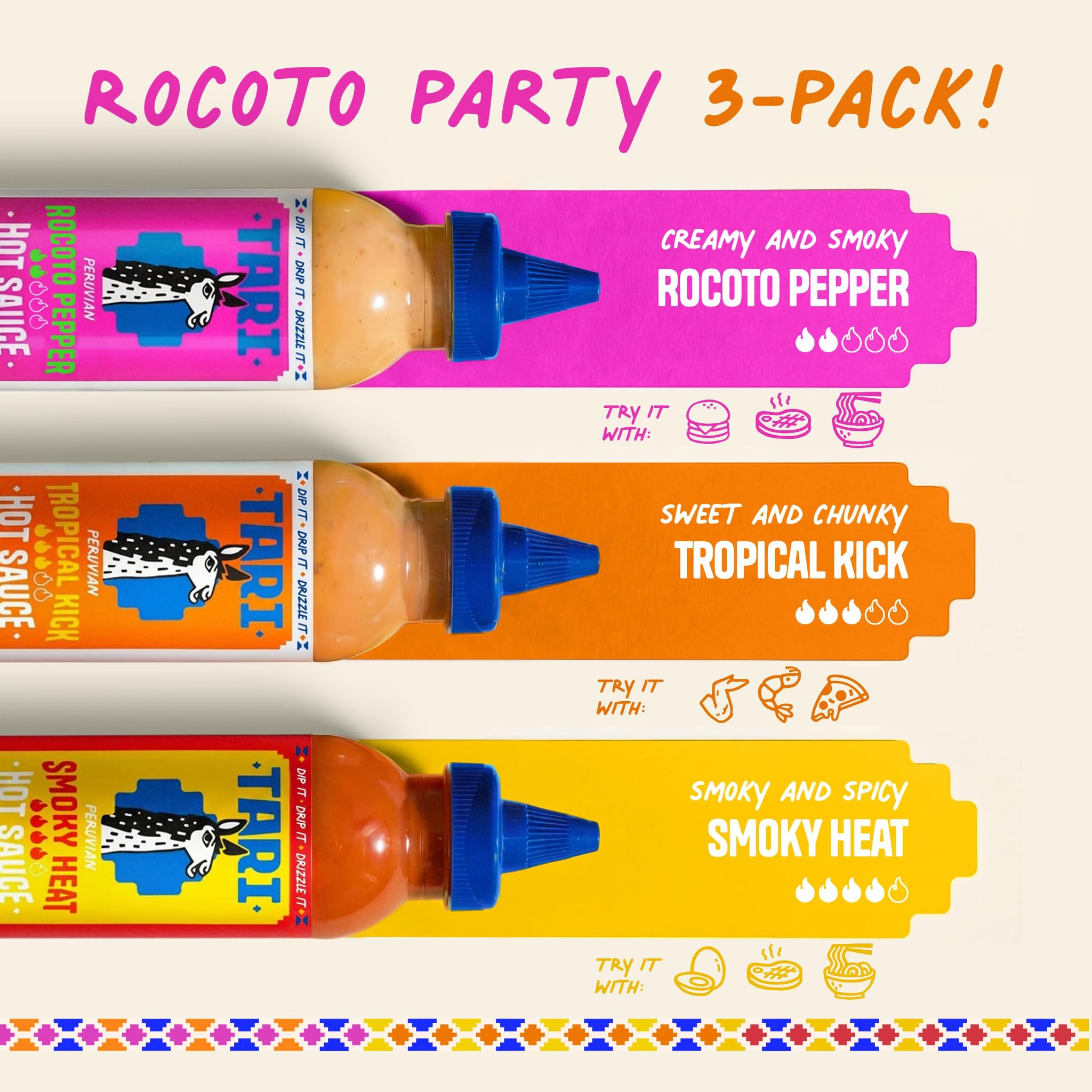 Tari Hot Sauce - Rocoto Pepper Variety Pack - Aji Rocoto + Smoky Heat + Tropical Kick - 11.8oz each (3Pk)