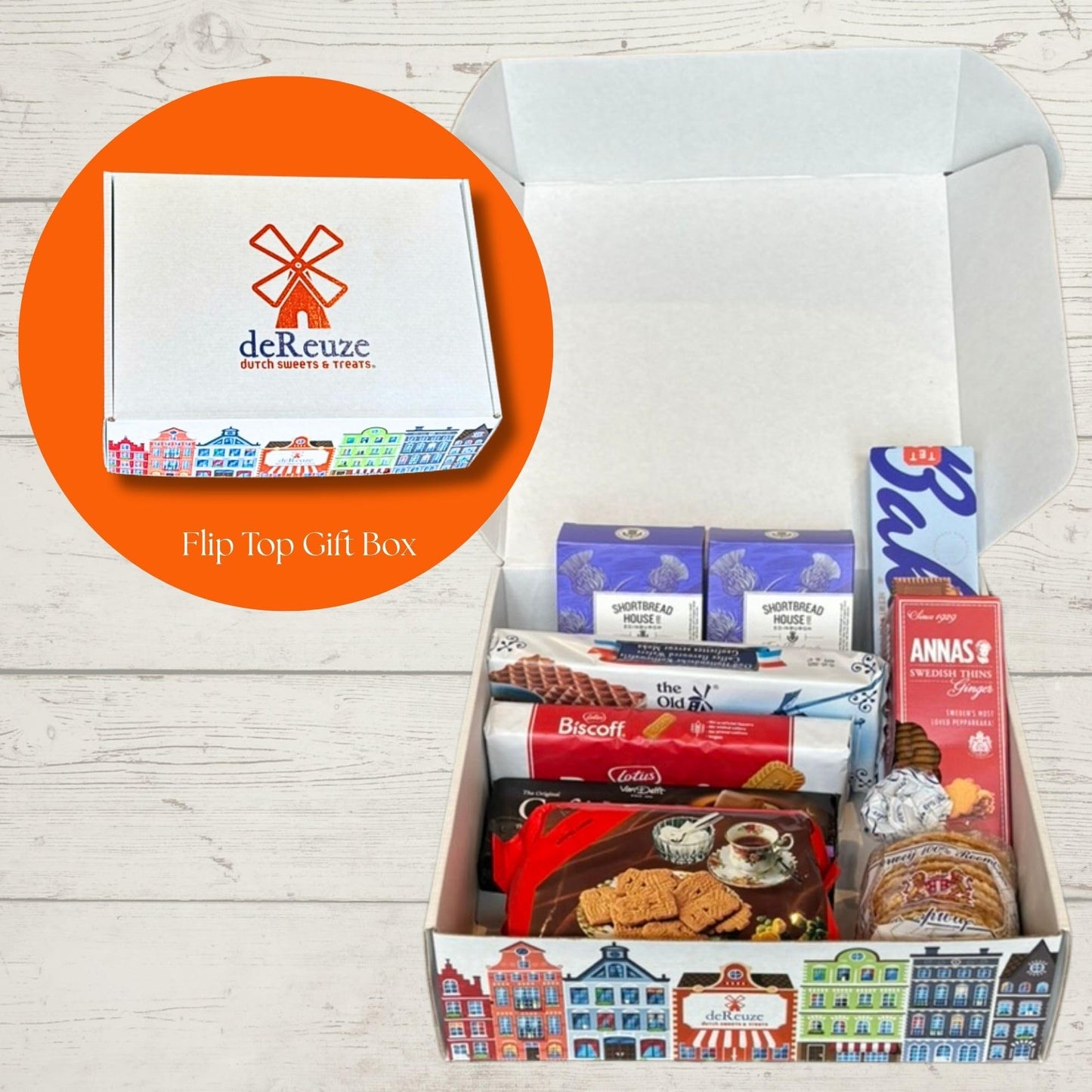 deReuze Dutch Snack Box from Netherlands Gourmet Cookies Pack - 8 Assorted Treats in a Flip-Top Box Stroopwafel Ginger Snaps Shortbread Chocolate