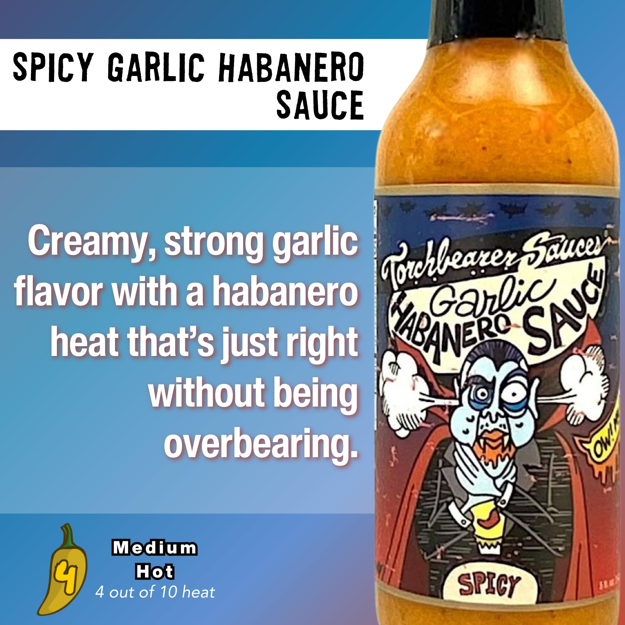 Torchbearer Sauces Garlic Habanero, 5oz, Medium Spicy Heat Level 4 - All Natural Hot Sauce, Extract-Free, Preservative-Free, Made in USA