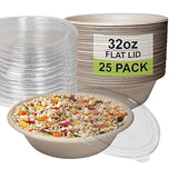 [25 Pack] 32 oz Round Disposable Compostable Paper Bowls with Lids Heavy-Duty, Eco-Friendly Natural Bagasse Unbleached, Heat Resistant, 100%