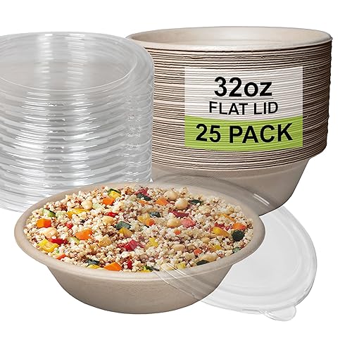 [25 Pack] 32 oz Round Disposable Compostable Paper Bowls with Lids Heavy-Duty, Eco-Friendly Natural Bagasse Unbleached, Heat Resistant, 100%