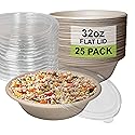 [25 Pack] 32 oz Round Disposable Compostable Paper Bowls with Lids Heavy-Duty, Eco-Friendly Natural Bagasse Unbleached, Heat Resistant, 100%
