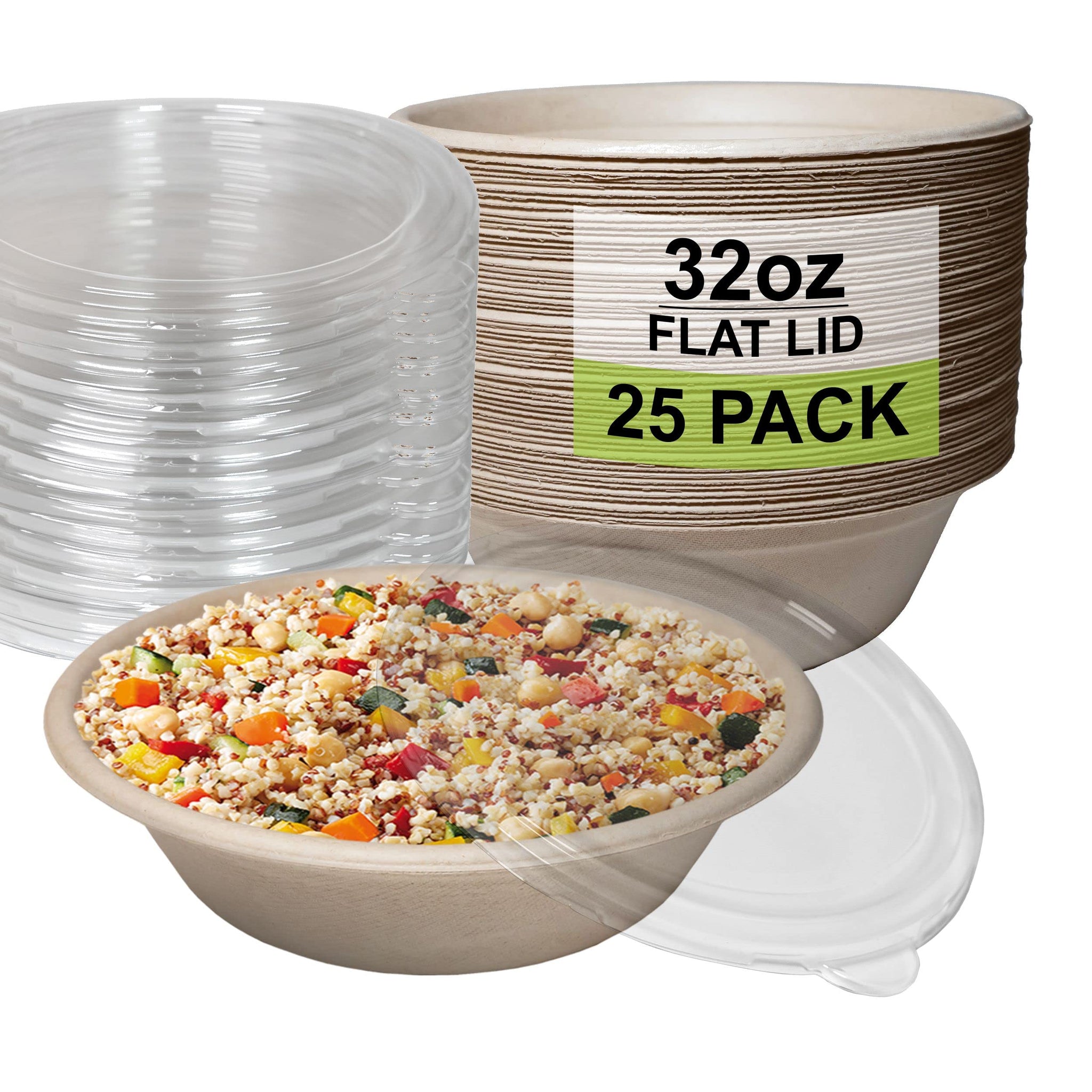 [25 Pack] 32 oz Round Disposable Compostable Paper Bowls with Lids Heavy-Duty, Eco-Friendly Natural Bagasse Unbleached, Heat Resistant, 100%