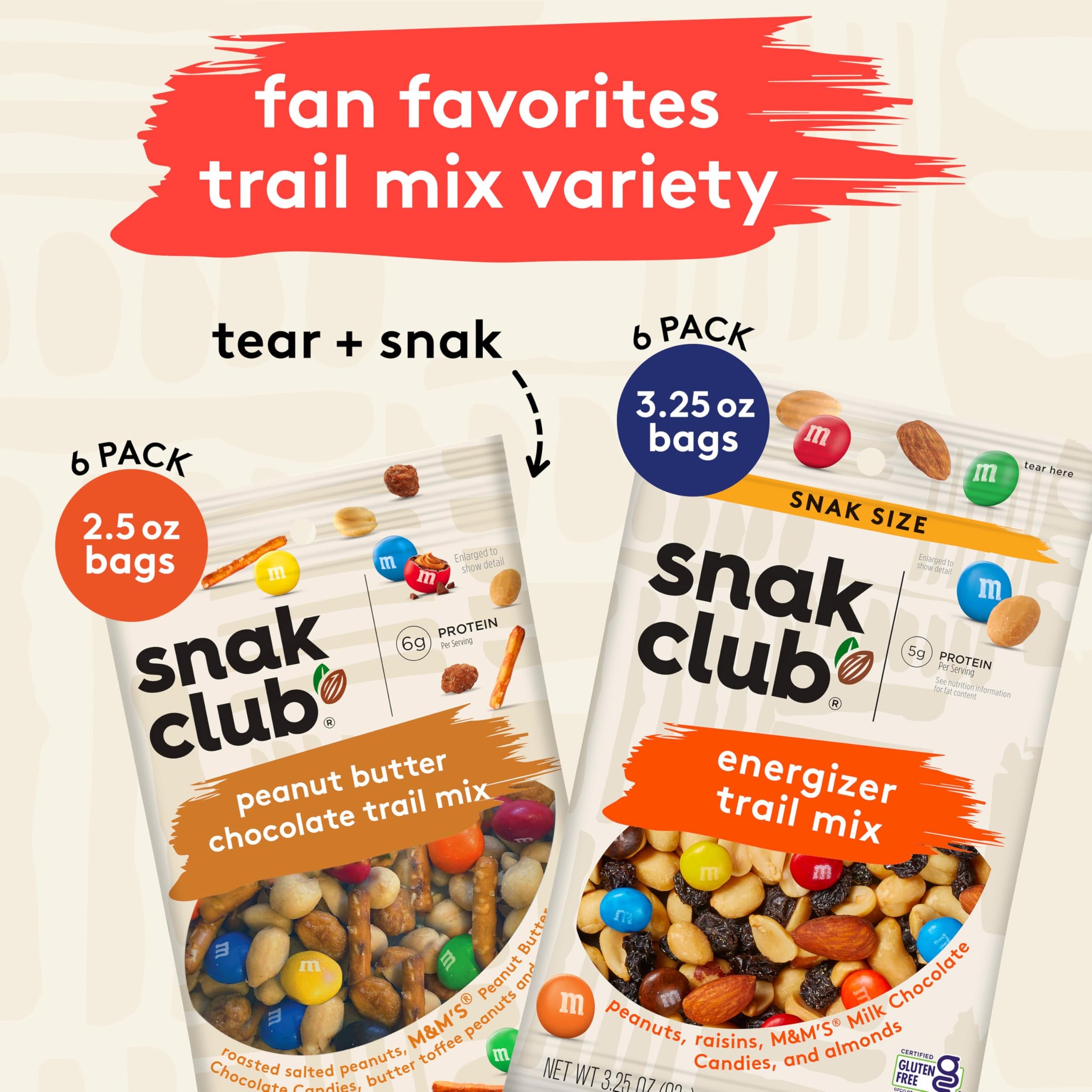 Snak Club Trail Mix Variety Pack, Grab-n-Run Protein Snack Packs, Includes Energizer and Peanut Butter Chocolate Trail Mix, Sweet and Salty Snacks, 12