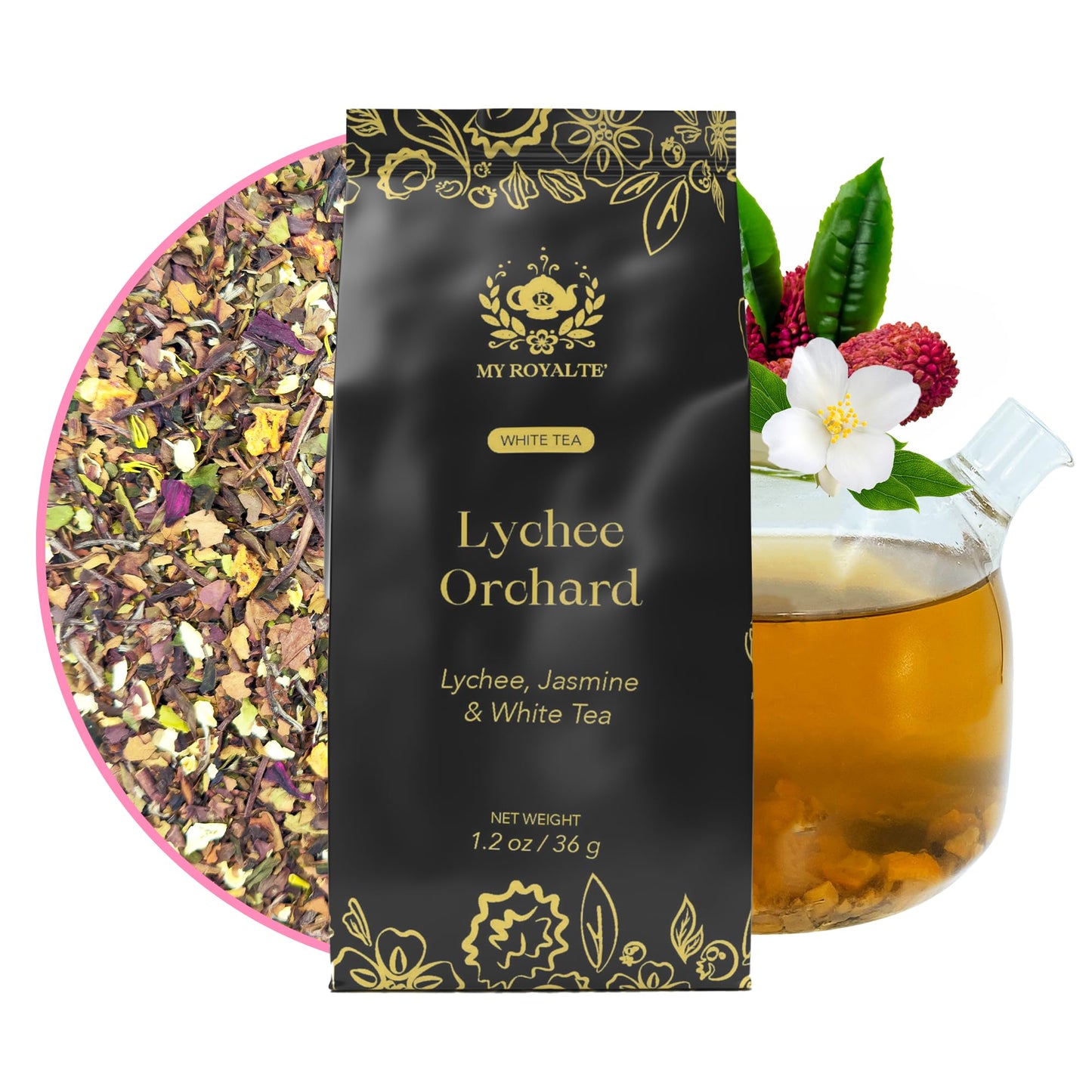 MyRoyalte Exquisite Jasmine Lychee White Tea Blend - 1.3 oz Fragrant White Tea Infused with Sweet Jasmine and Refreshing Lychee Flavors - 100% Natural