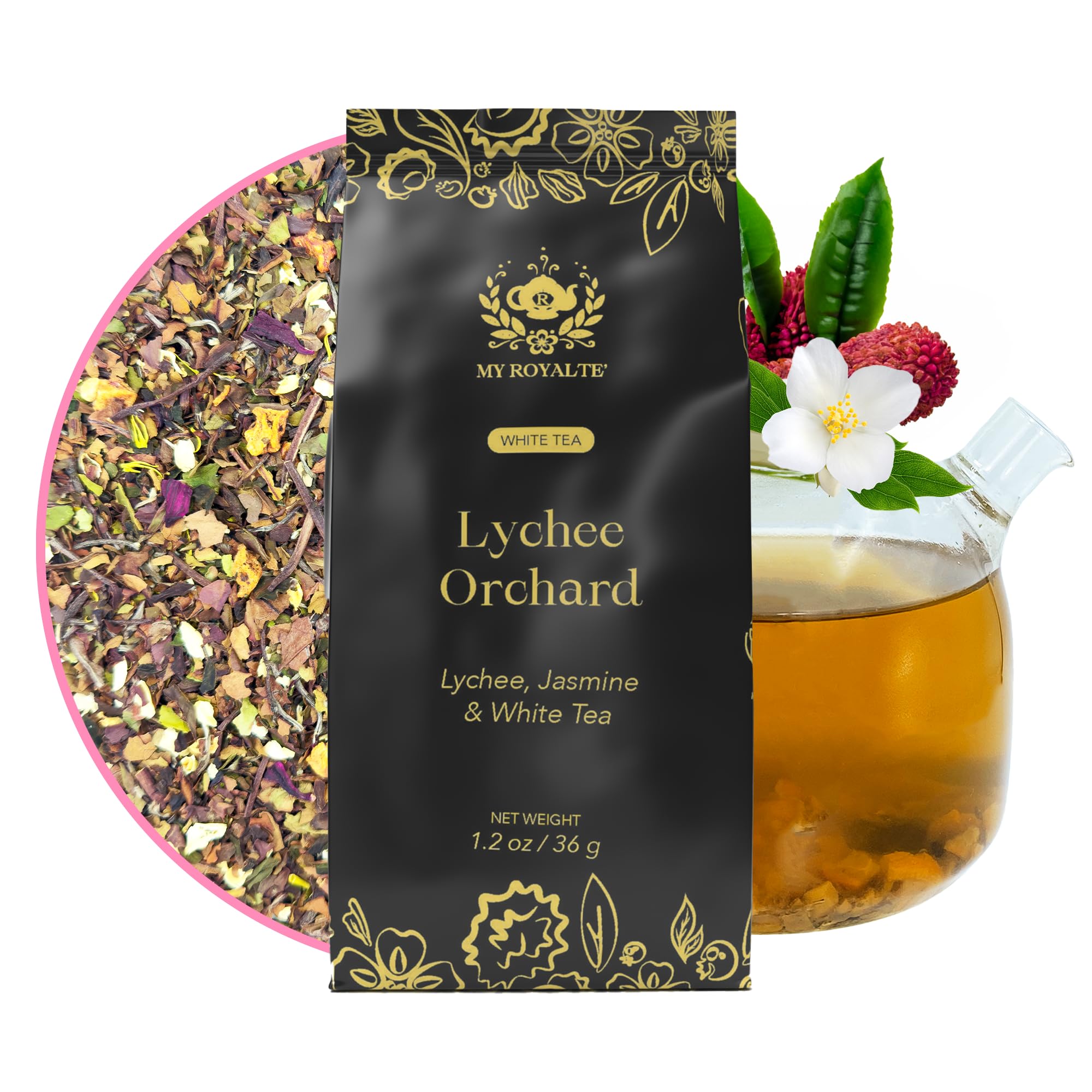 MyRoyalte Exquisite Jasmine Lychee White Tea Blend - 1.3 oz Fragrant White Tea Infused with Sweet Jasmine and Refreshing Lychee Flavors - 100% Natural