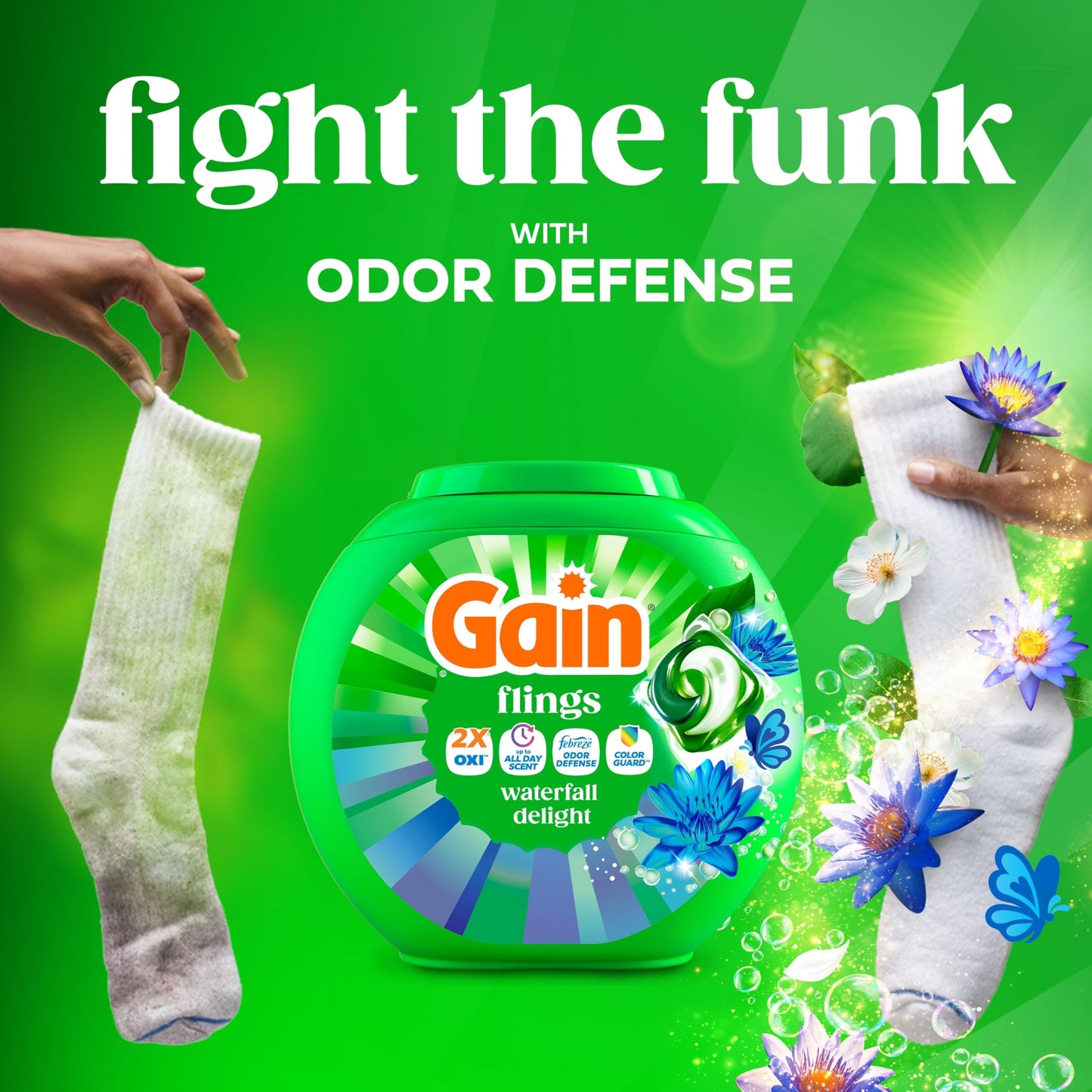 Gain Flings Liquid Washing Detergent Pacs, Now with Odor Defense + Color Guard, Waterfall Delight Scent, 4-In-1 Liquid Laundry Detergent Pods, Clean