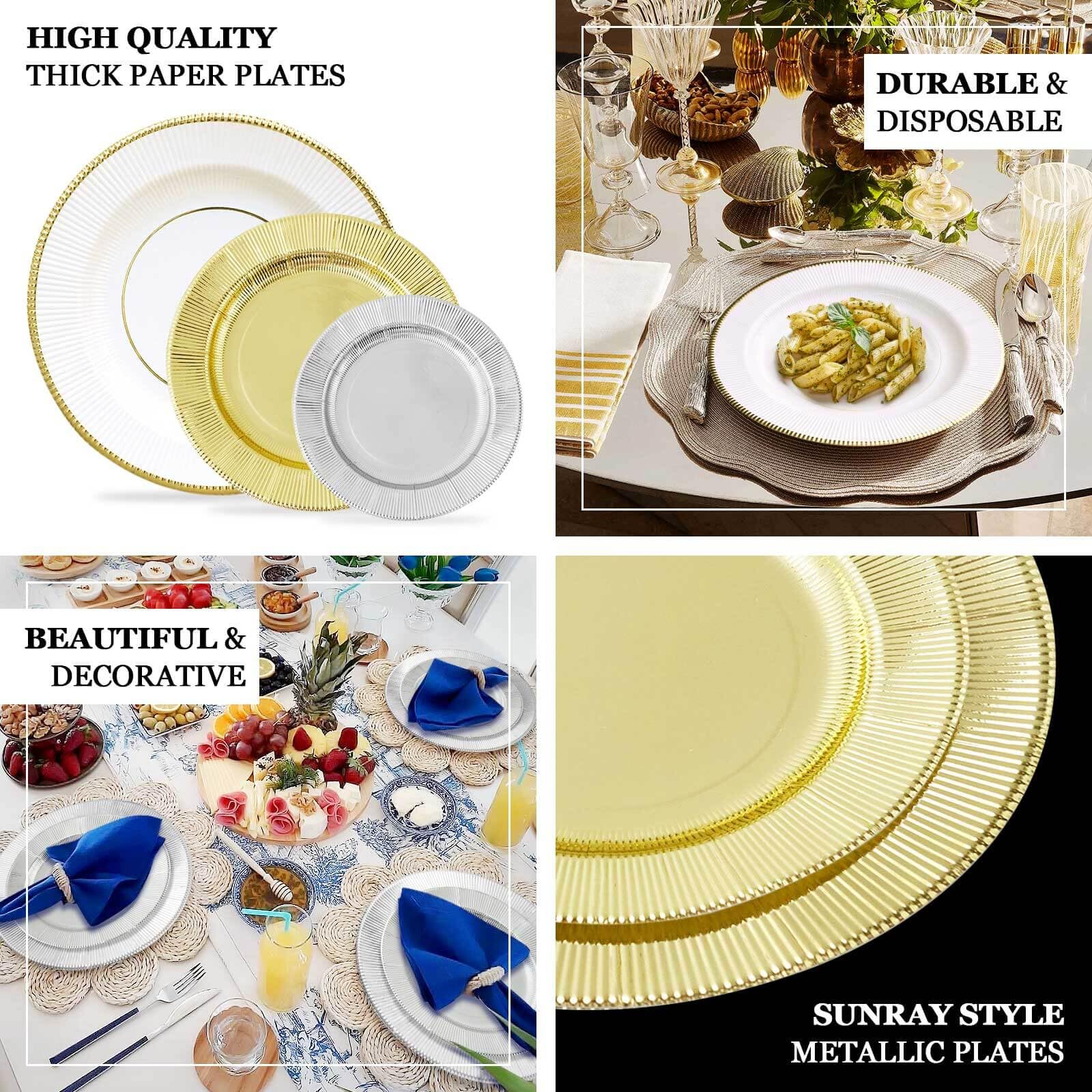 TCF Linen 25 Pack 13" Disposable Charger Plates, Paper Placemat Sage Green Sunray Design with Gold Rim - 350GSM Heavy Duty Round Plates for Events