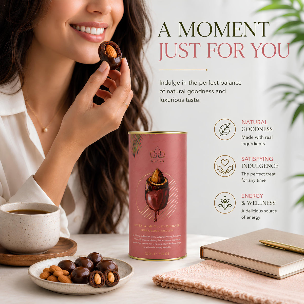 Huries Strawberry Chocolate Covered Dates with Almonds, Individually Wrapped Gourmet Stuffed Date Candy, Turkish Dessert Snack, 200 g