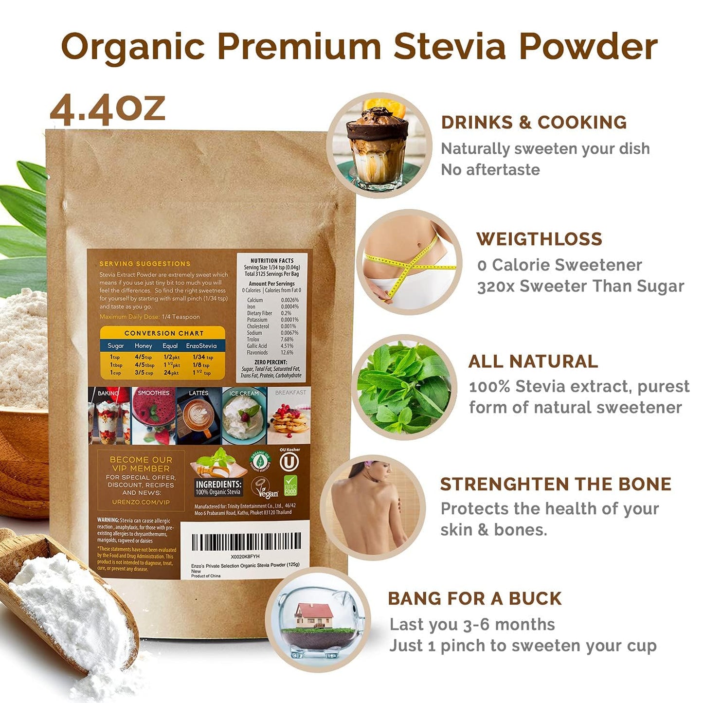 Enzo Organic Stevia Powder 125g (4.4oz / 3125-Servings) - Premium USDA Certified All Natural Alternative-Sweetener 320x Sugar Free Non-GMO 0 Calories Vegan No Aftertaste Kosher
