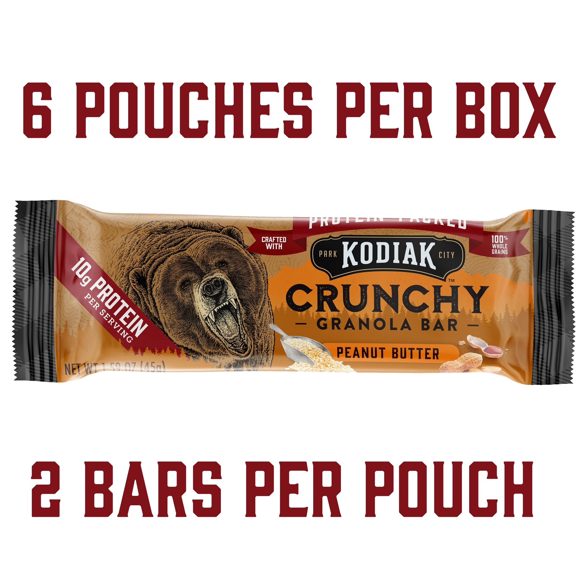 Kodiak Crunchy Granola Snack Bars, Peanut Butter, High Protein, 100% Whole Grains, 1 box with 6 pouches (12 bars)