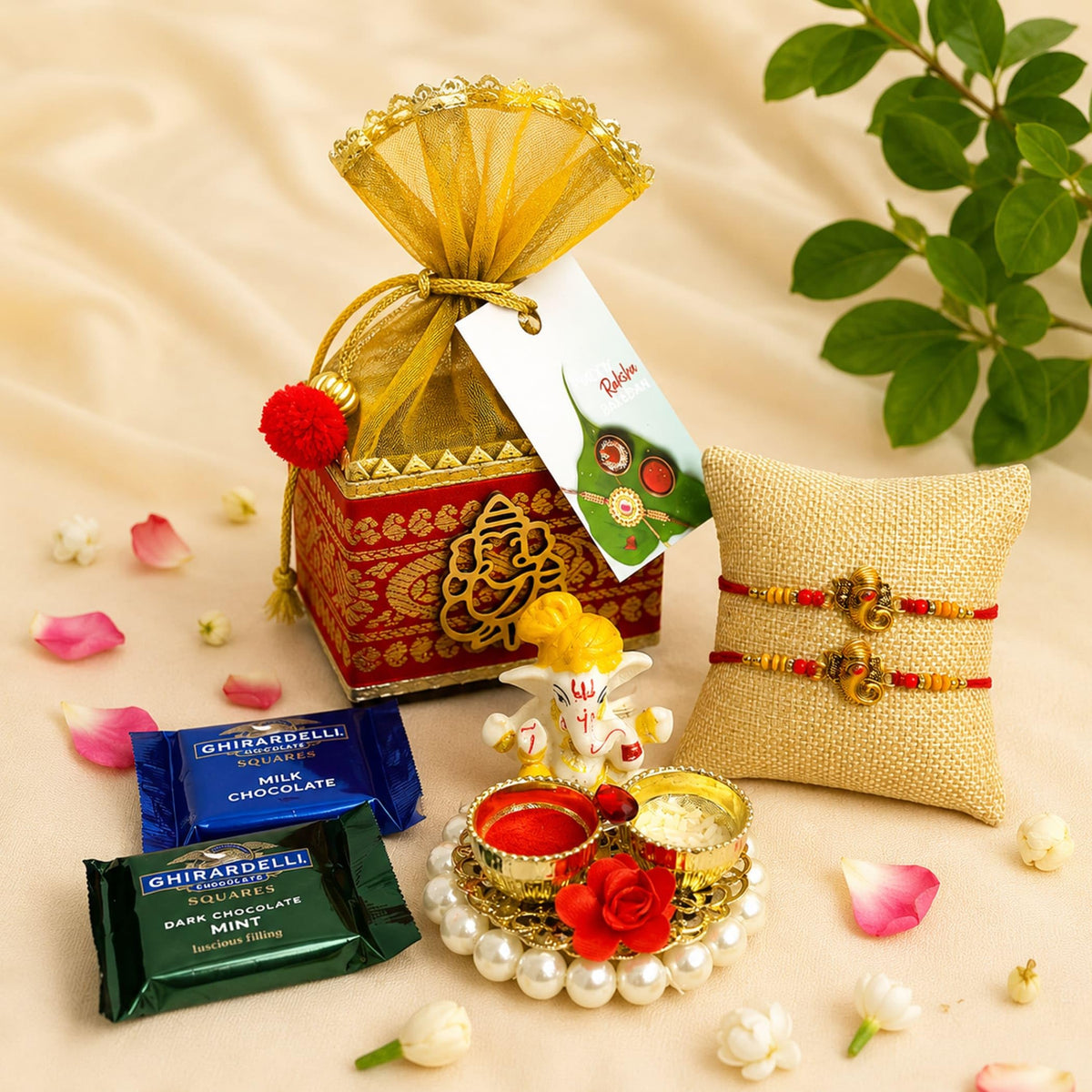 LoveNspire Raksha Bandhan Premium Gift Hamper for Brother & Bhabhi - Designer Rakhi Bracelet Set with Elegant Gift Box, Chocolates, & Roli Chawal