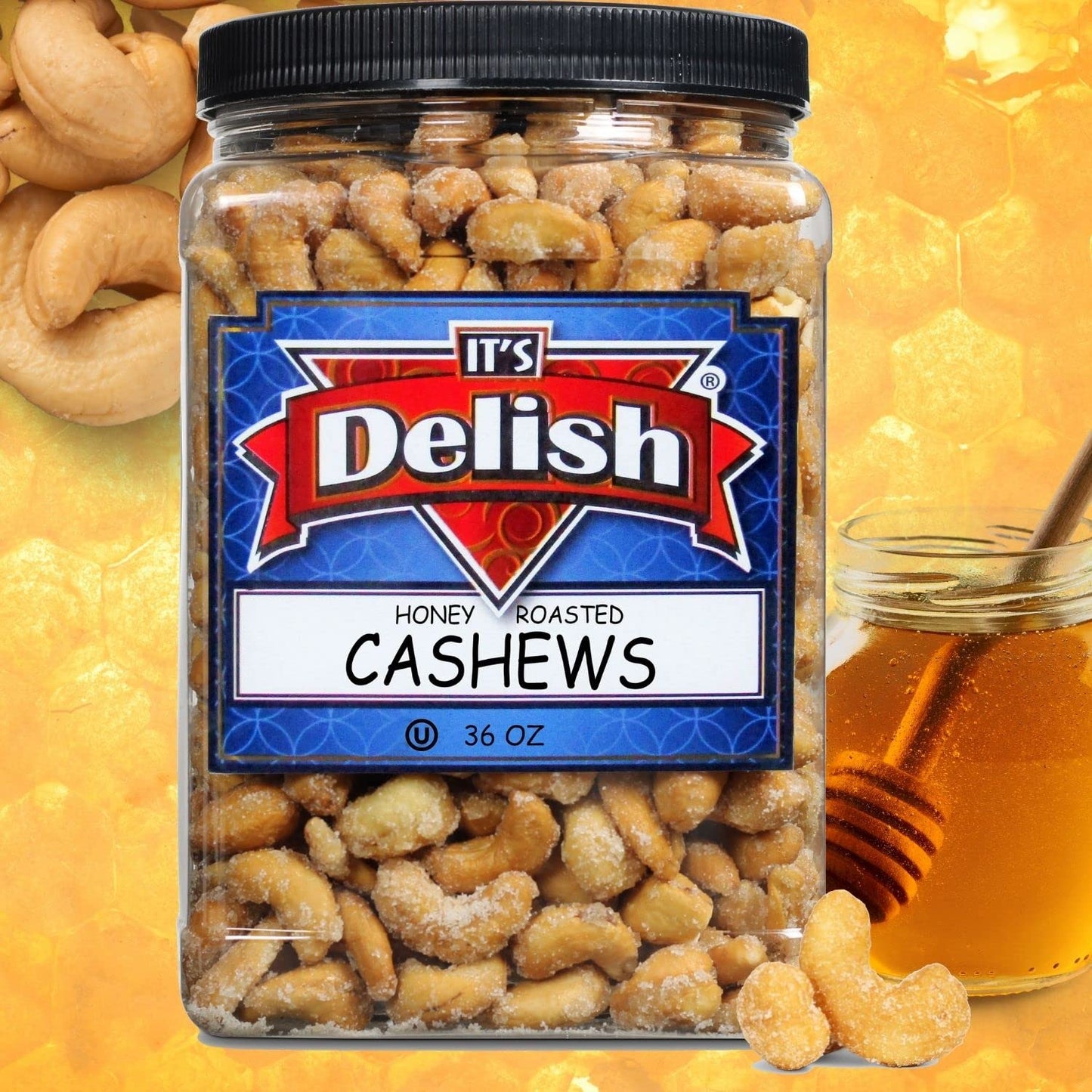 Honey Roasted Cashews by It's Delish, 36 Oz Reusable Jumbo Container | Gourmet Cashew Nuts in Honey Sugar Coating, Sweet & Heart Healthy Salted Nut