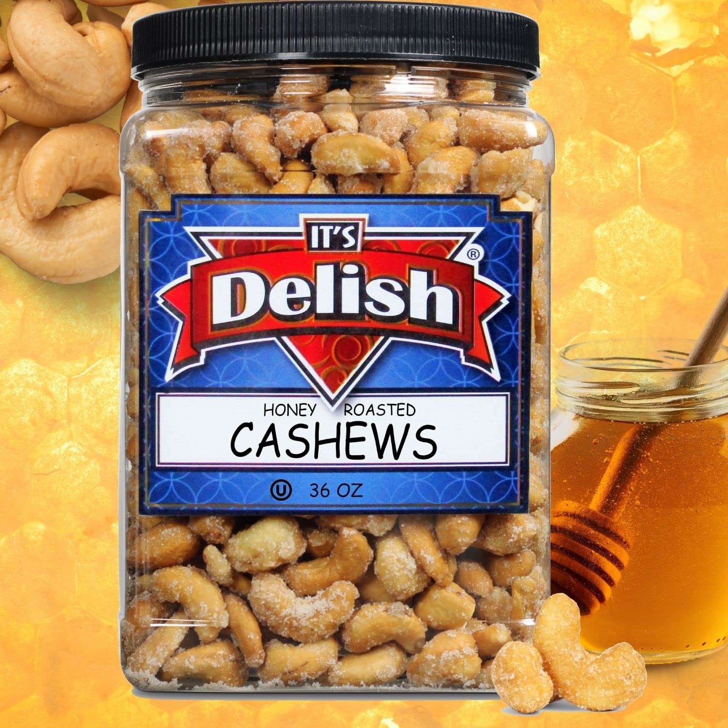 Honey Roasted Cashews by It's Delish, 36 Oz Reusable Jumbo Container | Gourmet Cashew Nuts in Honey Sugar Coating, Sweet & Heart Healthy Salted Nut