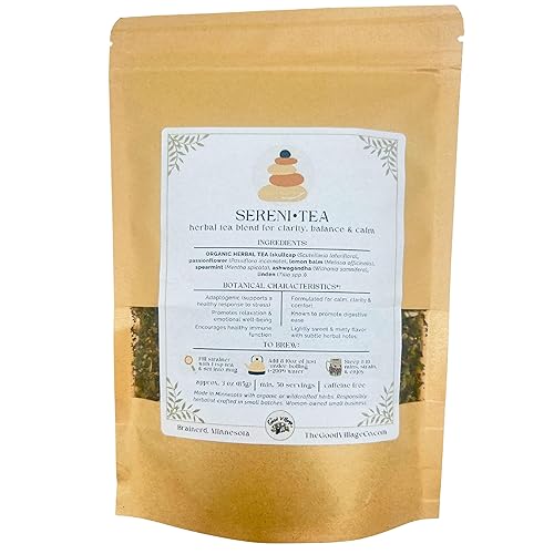 The Good Village Co. Sereni•Tea Loose Leaf Herbal Tea, Caffeine Free Botanical Blend with Skullcap, Passionflower, Lemon Balm, Spearmint, Ashwagandha