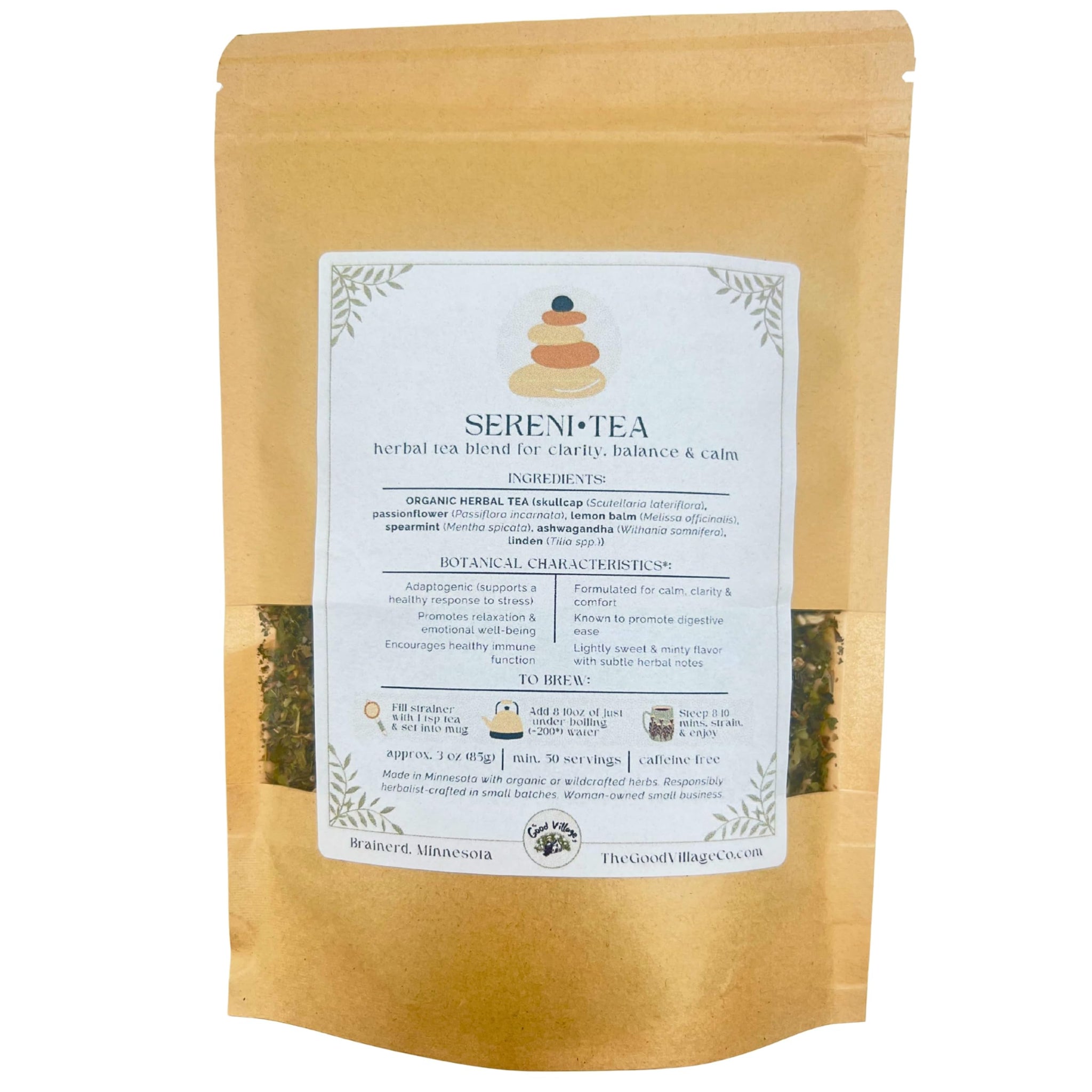 The Good Village Co. Sereni•Tea Loose Leaf Herbal Tea, Caffeine Free Botanical Blend with Skullcap, Passionflower, Lemon Balm, Spearmint, Ashwagandha