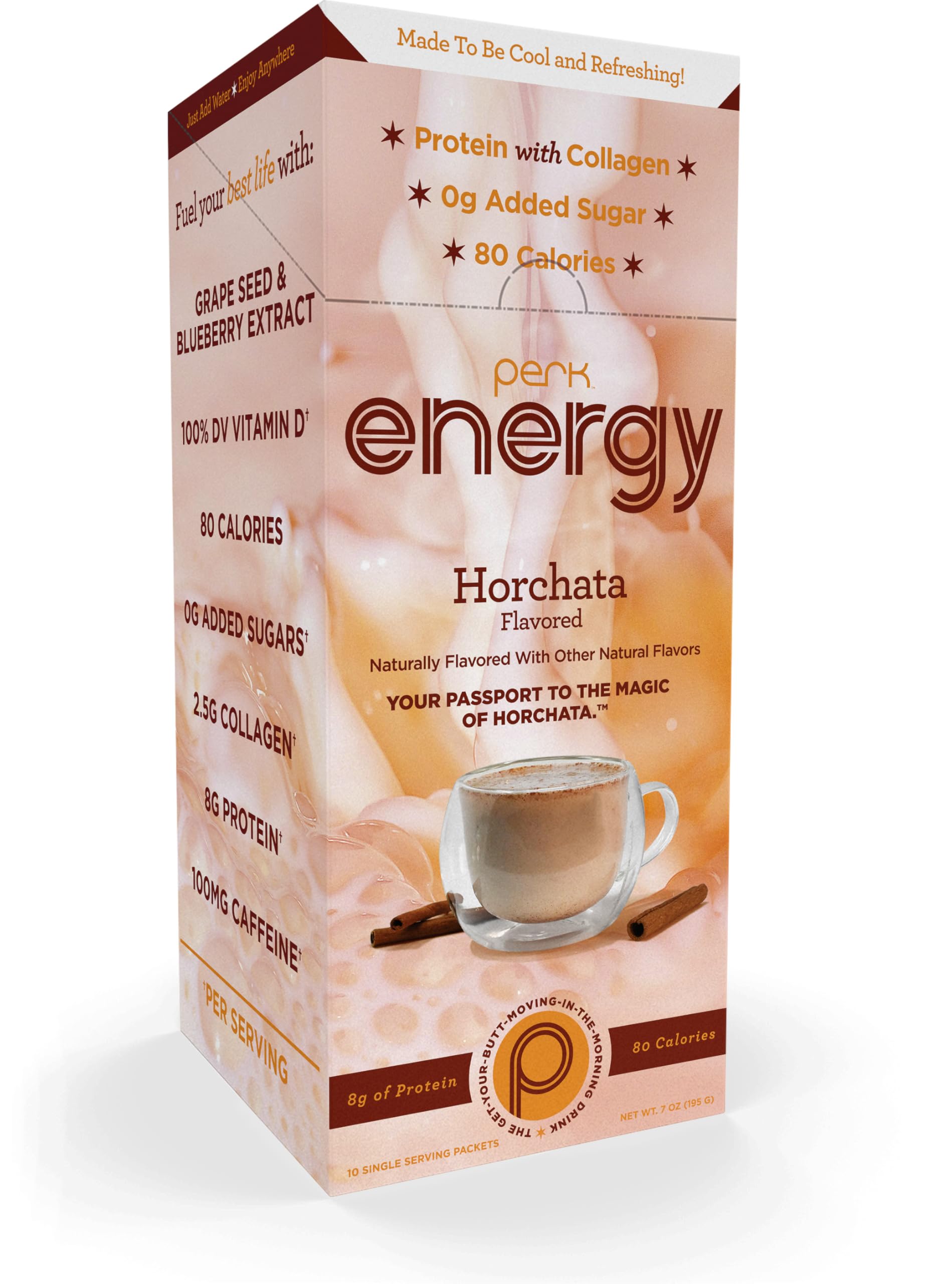 Perk Energy Drink Mix (Horchata) 10 Stick Packs - Caffeinated Healthy Coffee Alternative with Protein, 100mg of Caffeine, Gluten-Free, Soy-Free