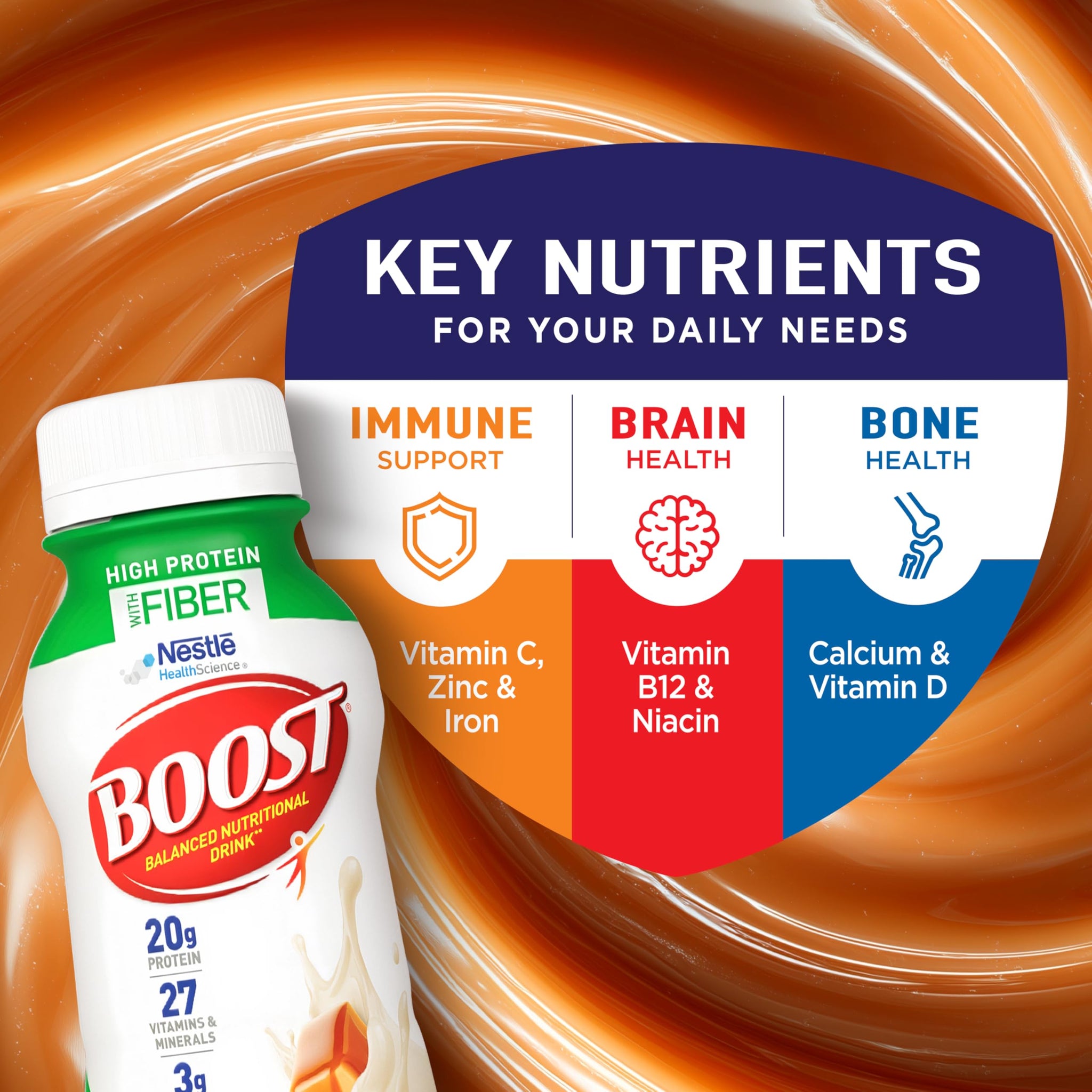 BOOST High Protein with Fiber Ready to Drink Complete Nutritional Drink, Caramel, 8 fl oz Bottle, 24 Pack