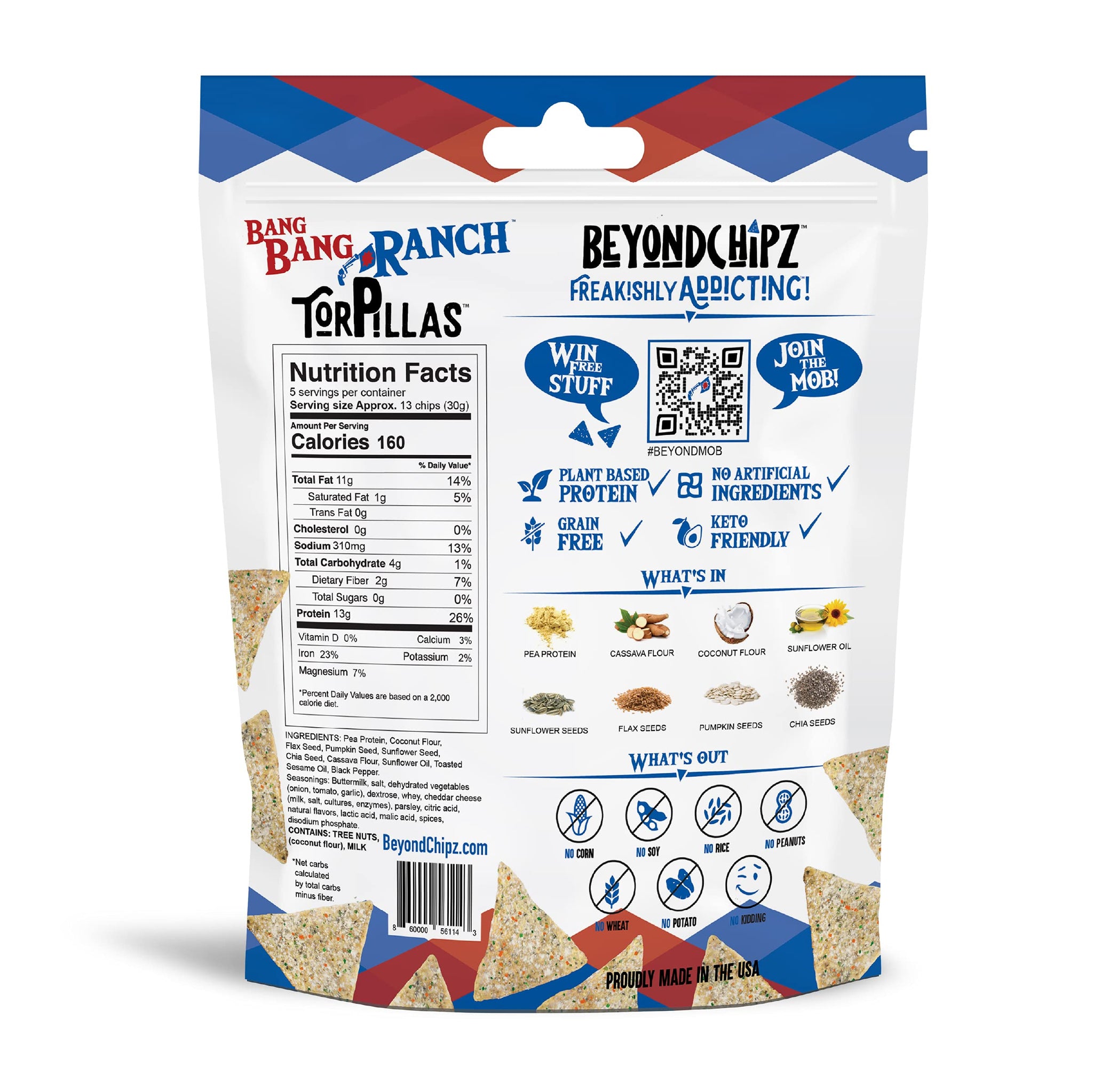 BeyondChipz Low Carb Tortilla Chips, Bang Bang Ranch, Keto Friendly, Gluten Free, 5.3oz Bag, Pack of 4