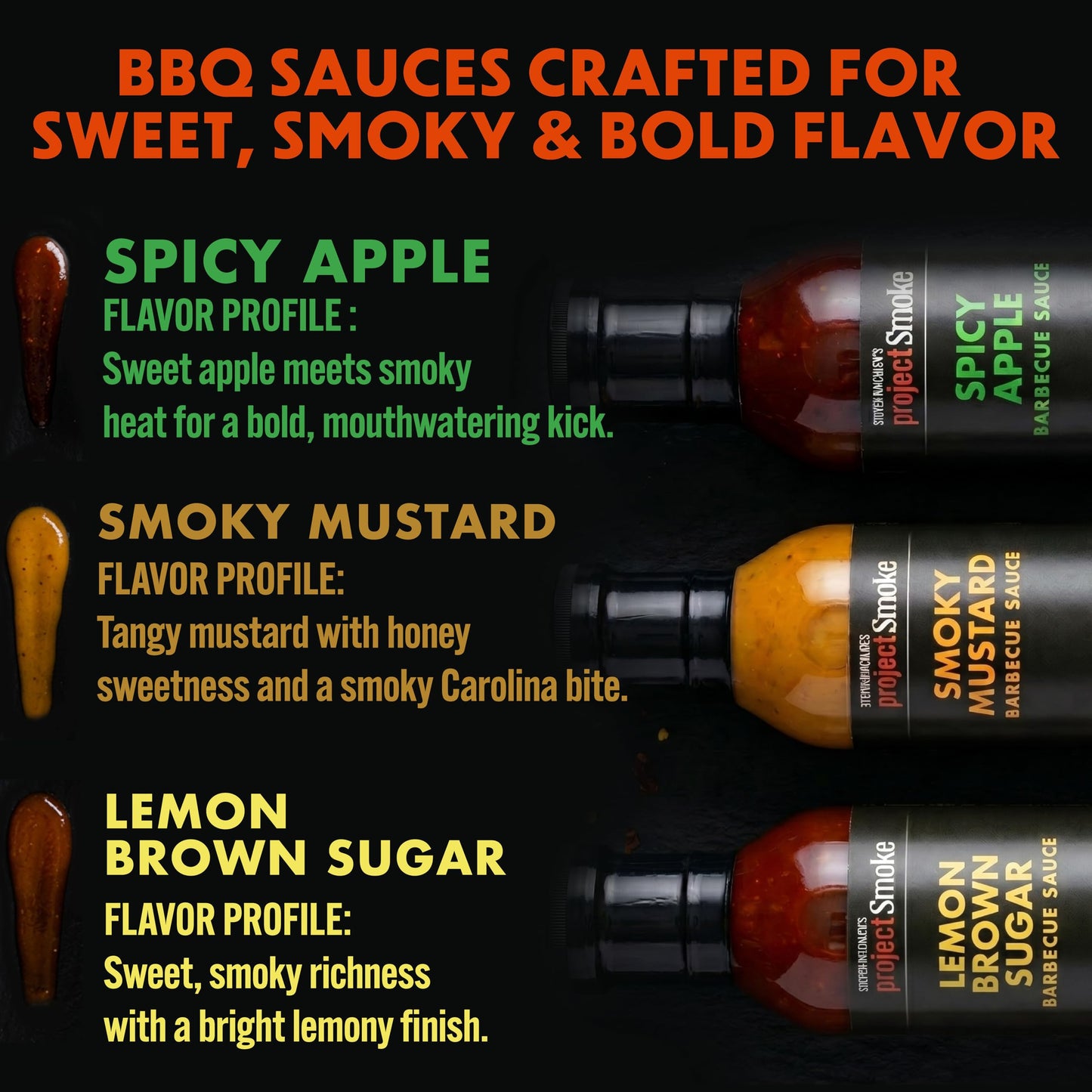 Steven Raichlen's Project Smoke BBQ Sauce Gift Set - 3 Pack Gourmet Barbecue Variety (Spicy Apple, Smoky Mustard, Lemon Brown Sugar) - Premium