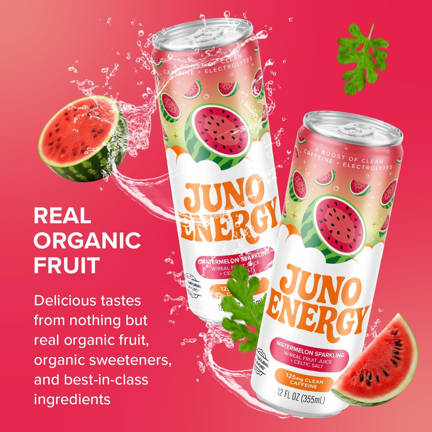 JUNO ENERGY Organic Watermelon Sparkling Energy Drink - Sugar Free, Energizing and Hydrating with 125mg Organic Caffeine from Green Coffee Beans