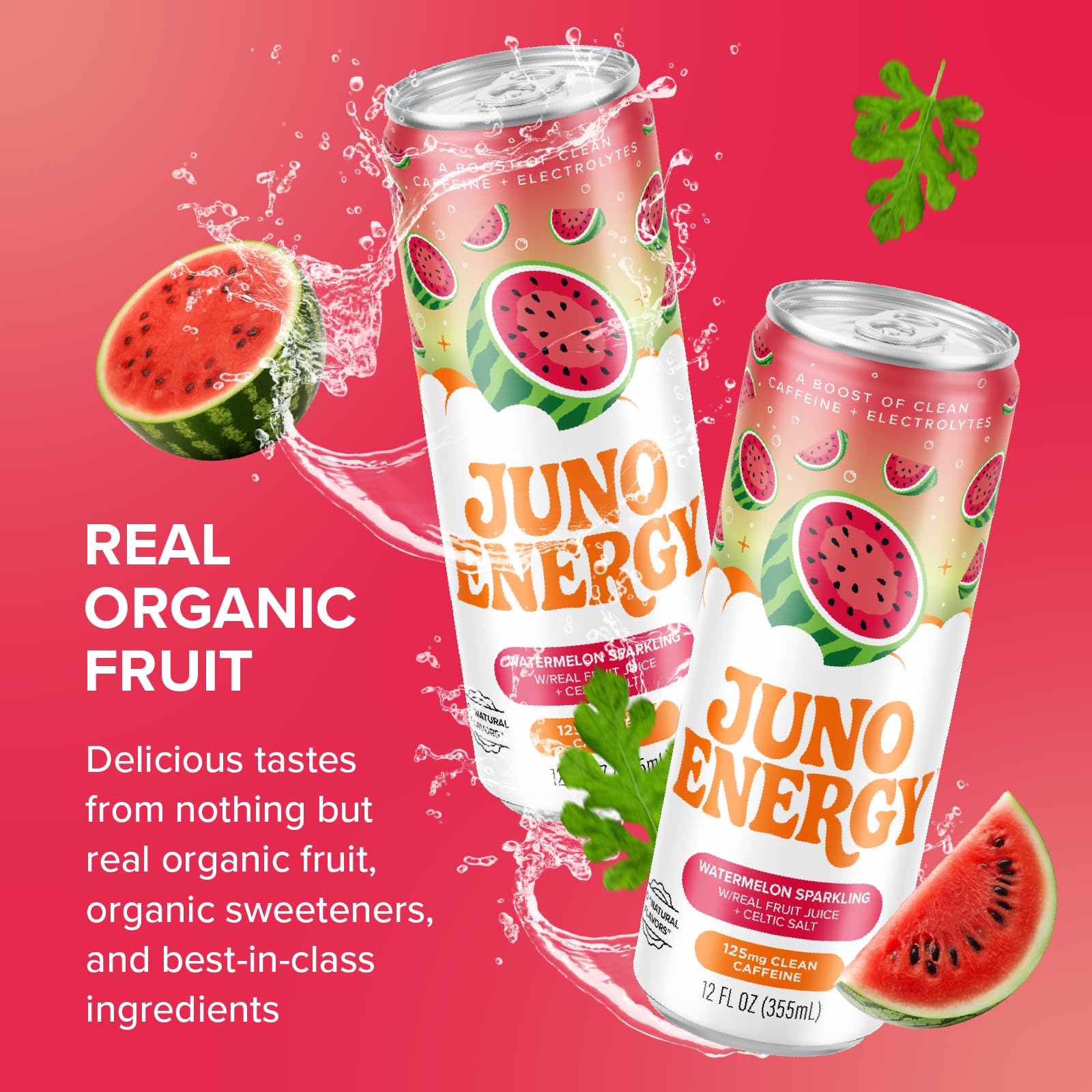 JUNO ENERGY Organic Watermelon Sparkling Energy Drink - Sugar Free, Energizing and Hydrating with 125mg Organic Caffeine from Green Coffee Beans