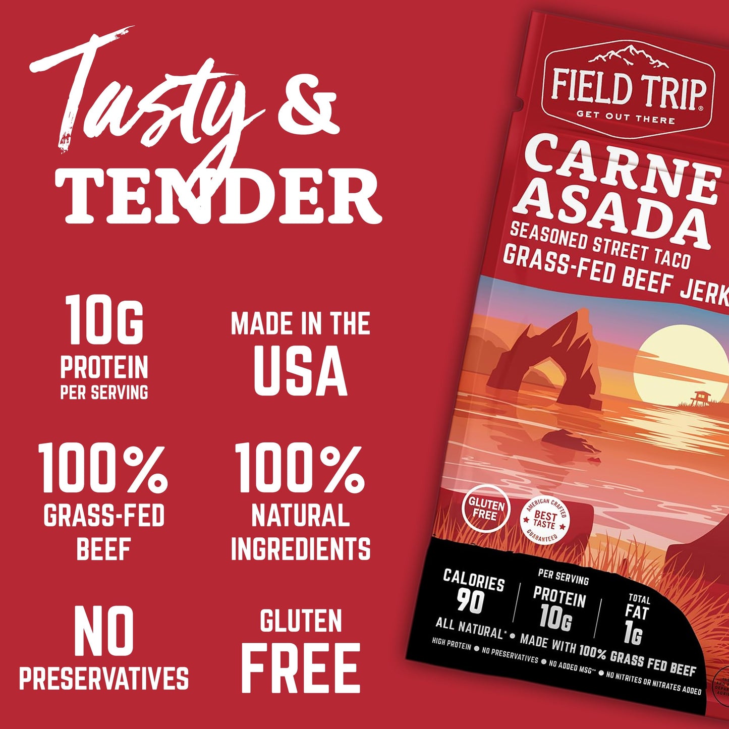 Field Trip Grass Fed Beef Jerky, Healthy Gluten Free Snacks, All Natural, High Protein, Low Carb Snack with No Nitrates, 2.2oz, 4 Pack, Carne Asada