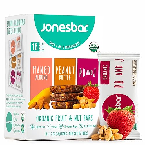 JONESBAR Organic Plant Based Protein Bars | 18 Count Variety Pack | Fruit & Nut Bar, Kosher, Gluten Free, Breakfast Bars, School Snacks, Vegan Snack