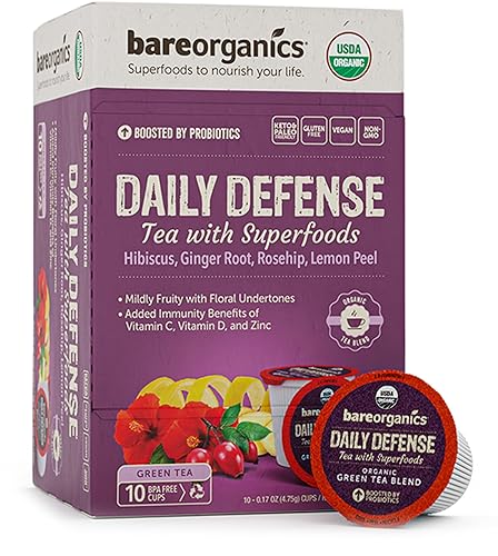BareOrganics Daily Defence Tea - Organic Tea Pods for Keurig with Superfoods and Probiotics, Green Tea K Cups, 10ct single serve Cups