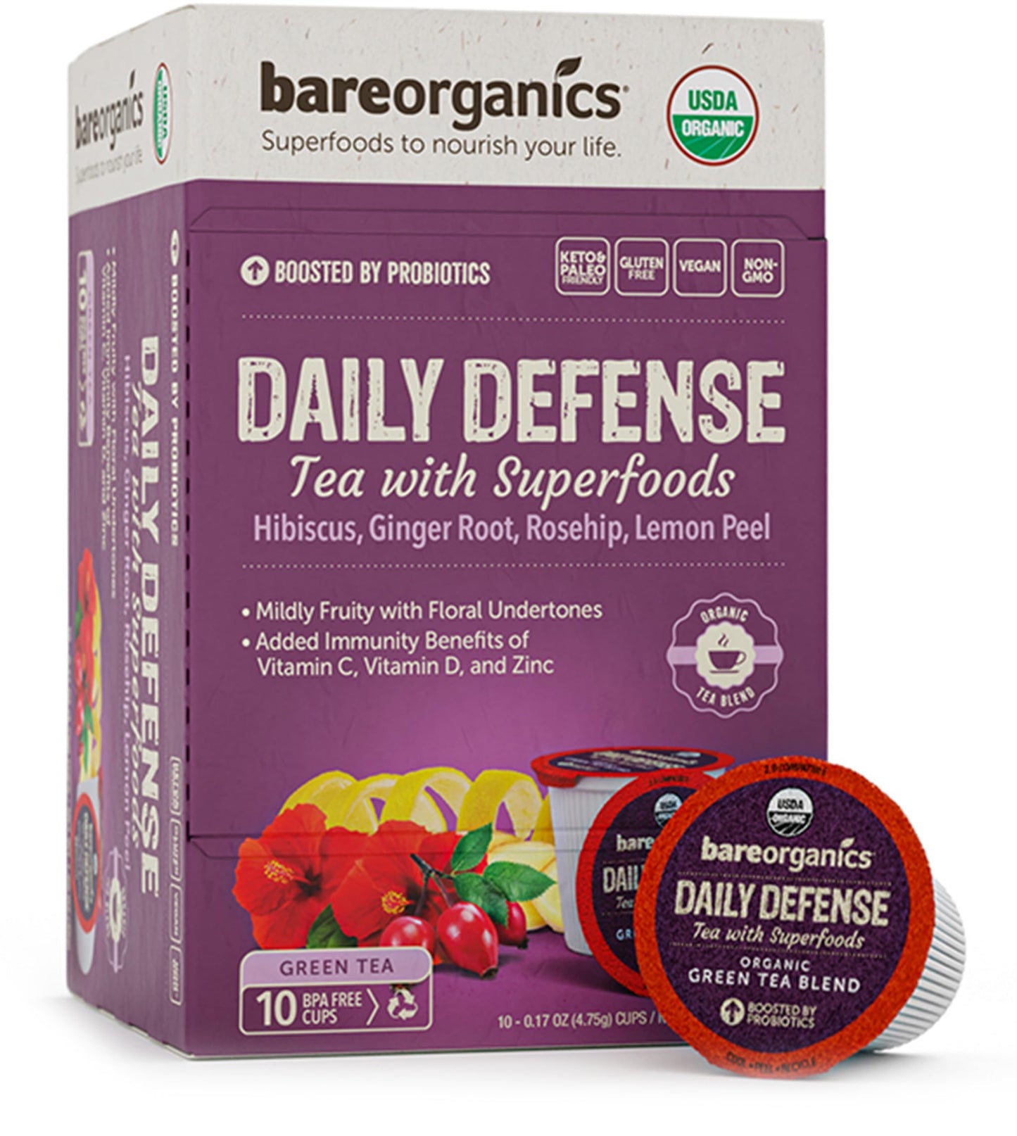 BareOrganics Daily Defence Tea - Organic Tea Pods for Keurig with Superfoods and Probiotics, Green Tea K Cups, 10ct single serve Cups