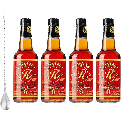 Cocktail Bitters Orange 10oz 4-Pack Gift Set, Regan's Orange Bitters No. 6, 10 Ounces, with Cocktailier 12-Inch Bar Spoon