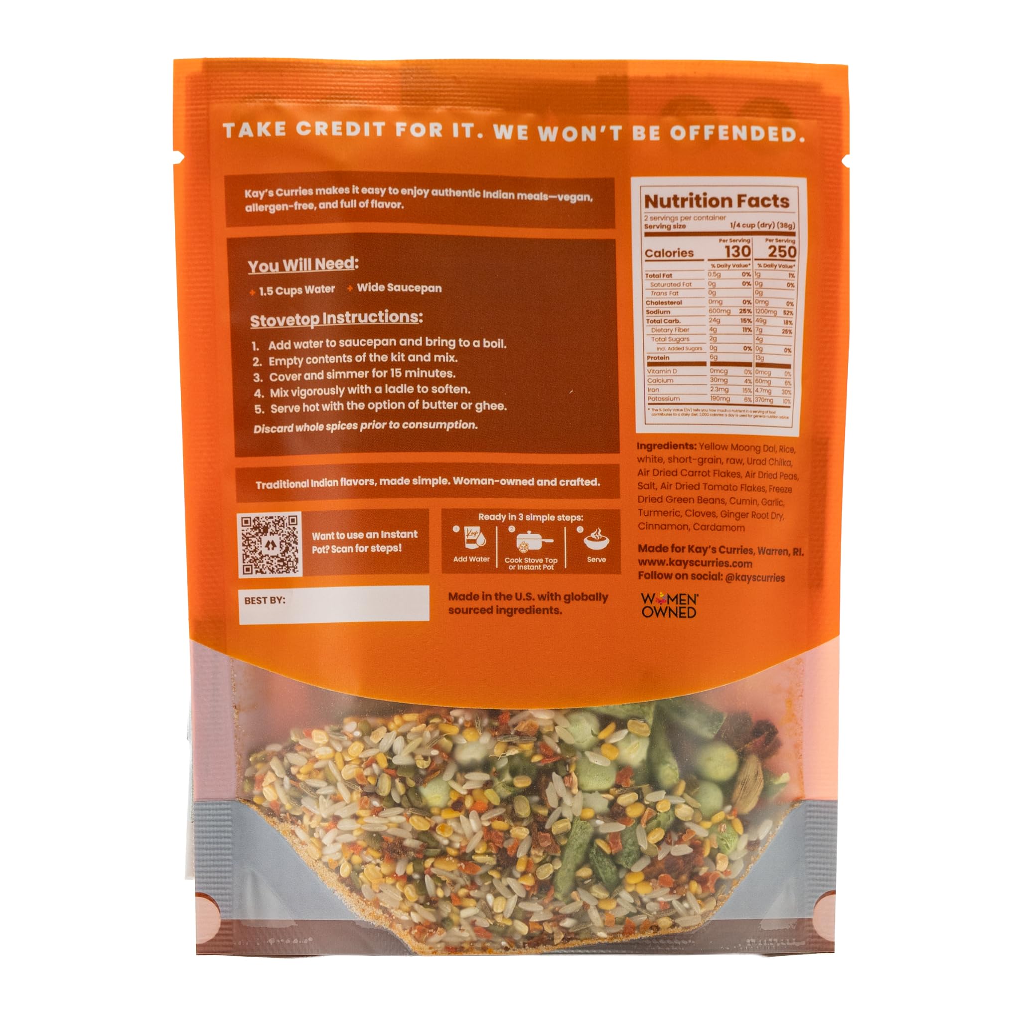 Kay’s Curries Masala Kichadi Meal Kit with Premium Rice and Lentils, Authentic Indian Comfort Food, Vegan and Gluten-Free One-Pot Healthy Dinner, Seed Oil-Free and Nut-Free, 2 Servings