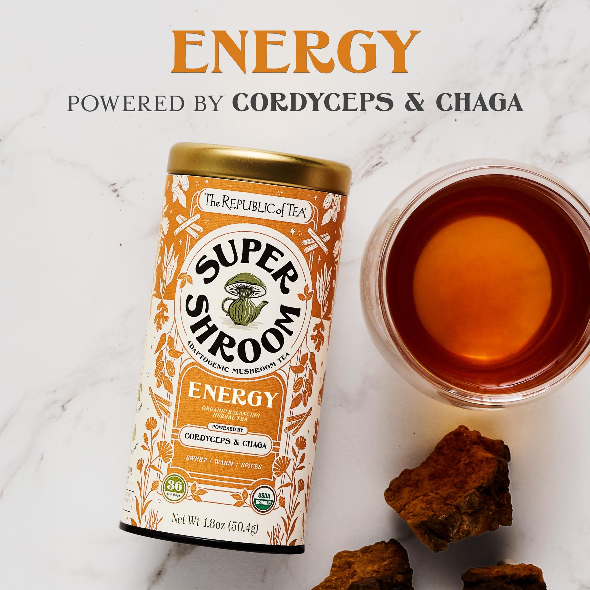 The Republic of Tea SuperShroom Energy Cordyceps and Chaga Herbal Tea, Organic Cinnamon, Ginger and Chicory Blend, Caffeine Free, Unbleached Tea Bags