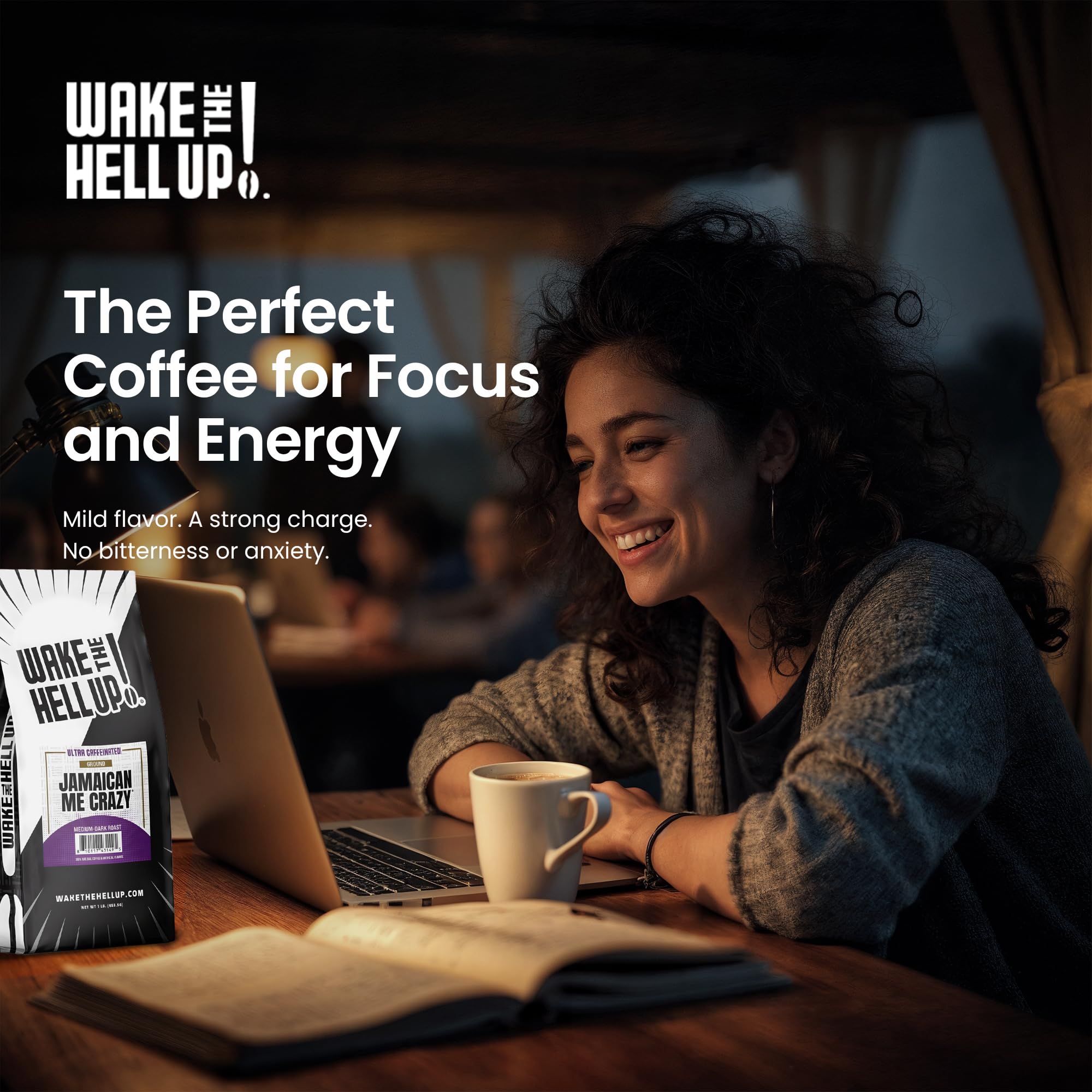 Wake The Hell Up! 1lb Ultra-Caffeinated Jamaican Me Crazy® Ground Coffee, Low Acid, Medium-Dark Roast