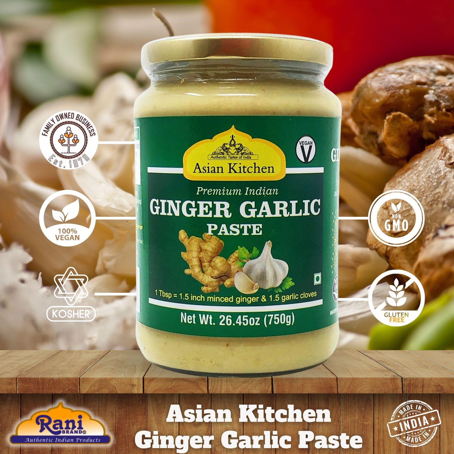 Asian Kitchen Ginger Garlic Cooking Paste 26.5oz (750g) Glass Jar ~ Vegan | Gluten Free | NON-GMO | No Colors | Indian Origin