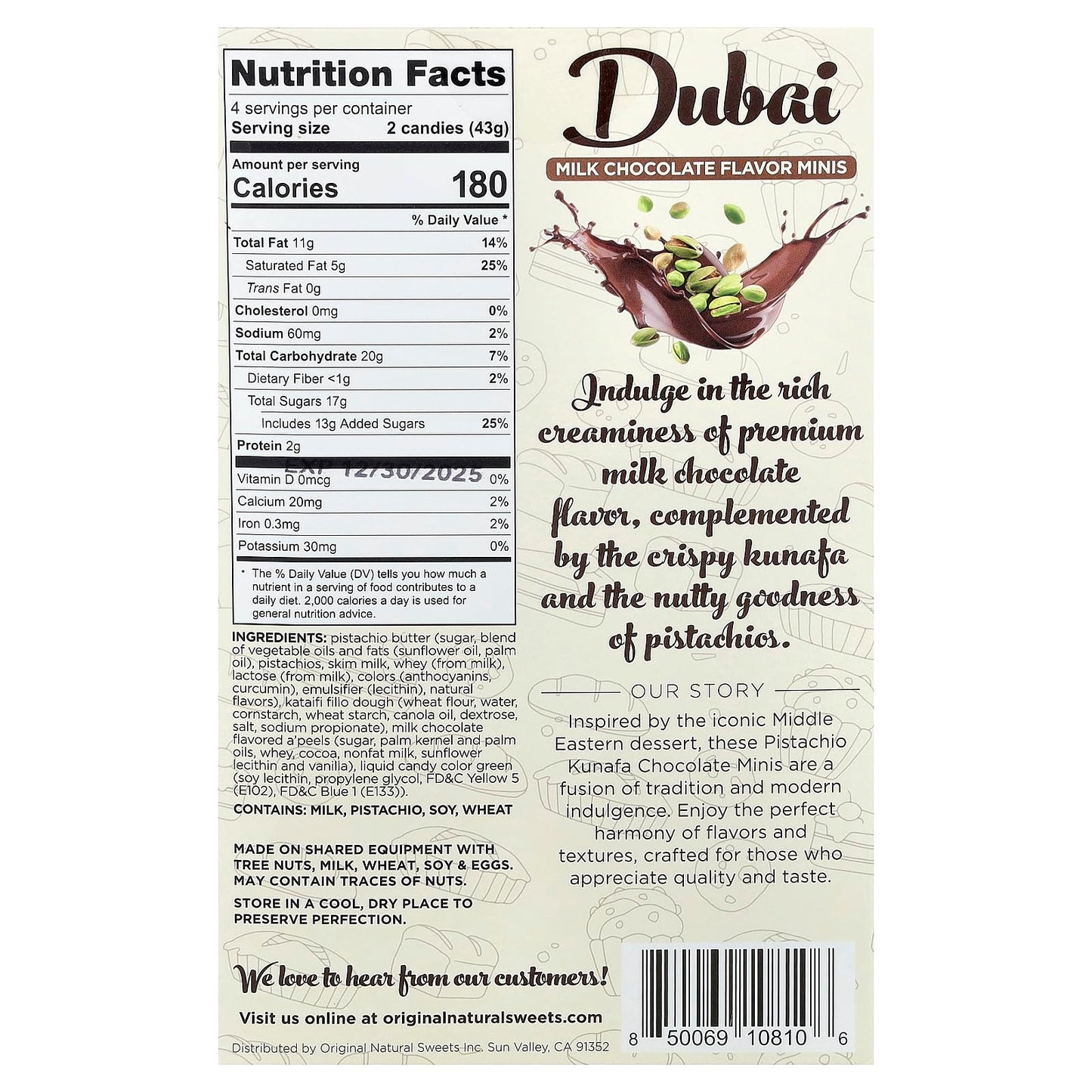 Original Natural Sweets - Dubai Chocolate Minis Savor The Pistachio Cream Feel The Crunch 6 oz | Luxury Rich Chocolate, Delicate Layers of Kunafa