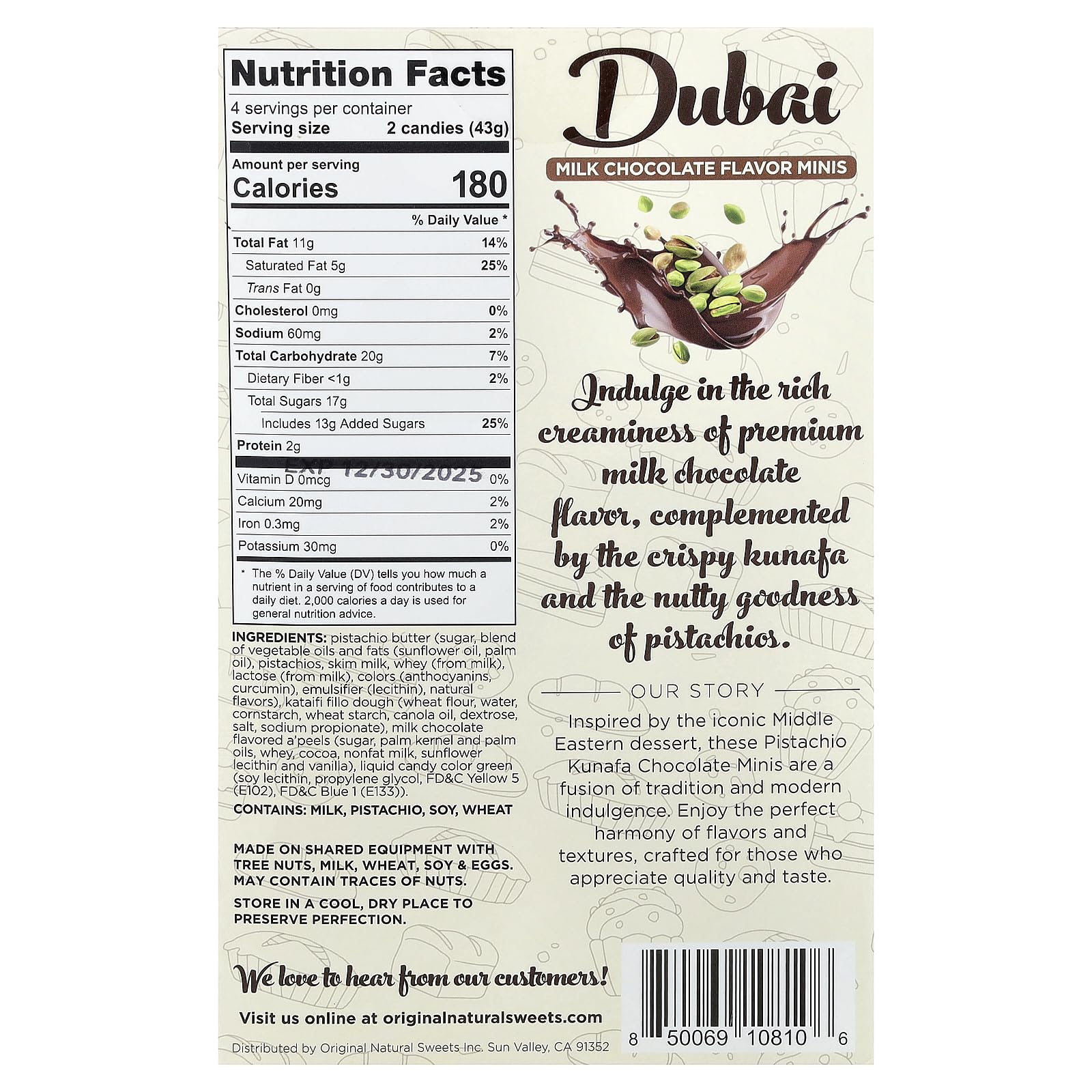 Original Natural Sweets - Dubai Chocolate Minis Savor The Pistachio Cream Feel The Crunch 6 oz | Luxury Rich Chocolate, Delicate Layers of Kunafa