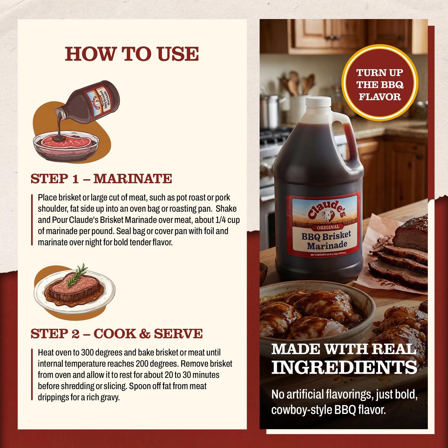 Claude's Original Texas BBQ Brisket Marinade Sauce, Gluten Free, 64 oz