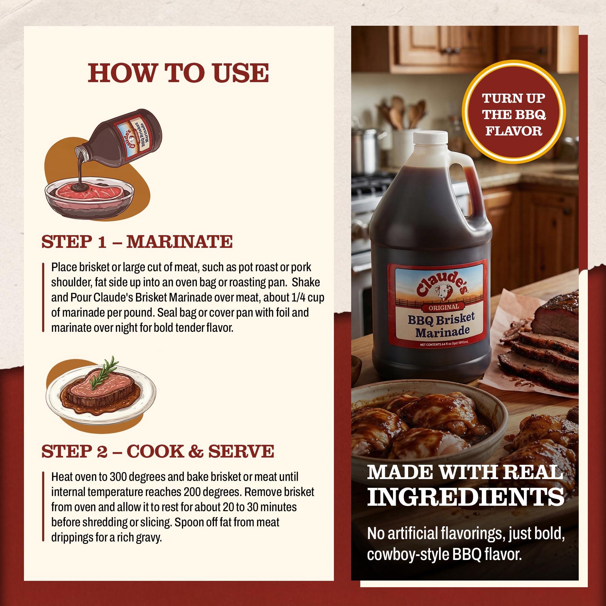Claude's Original Texas BBQ Brisket Marinade Sauce, Gluten Free, 64 oz