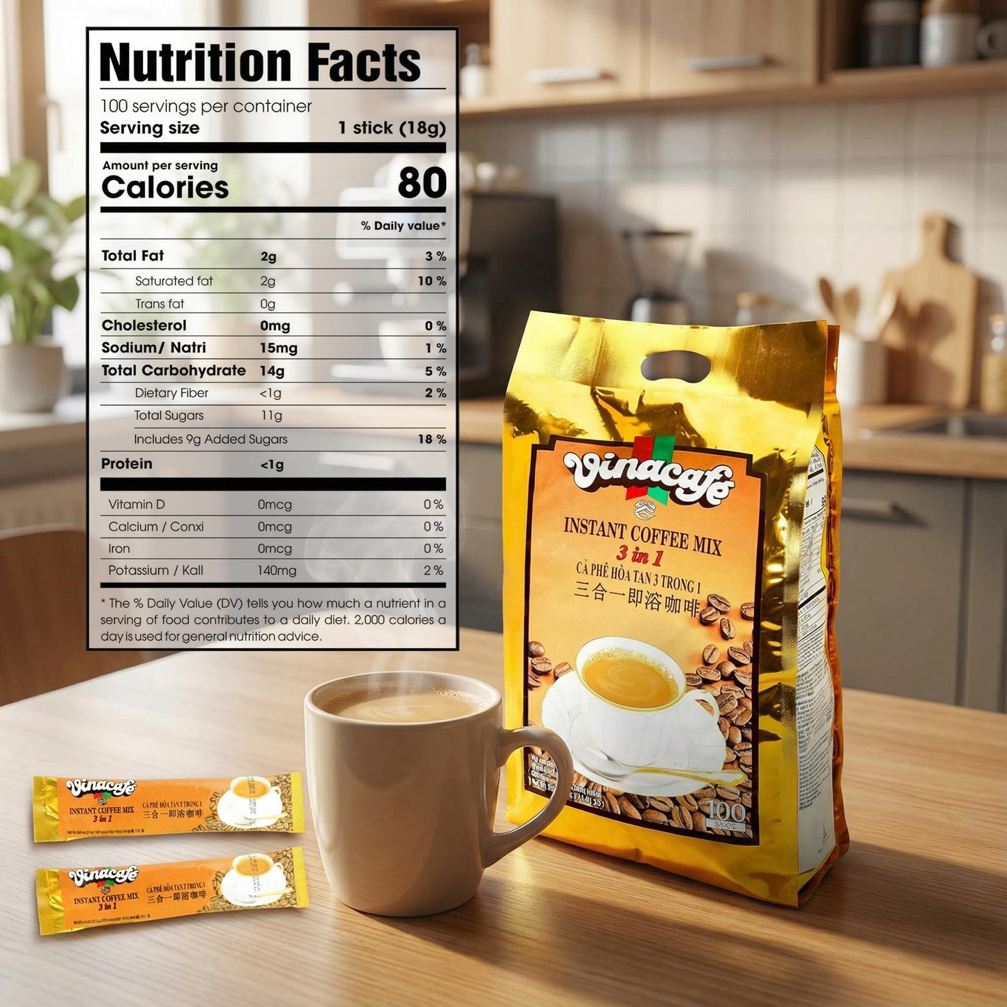 Vinacafe Vietnamese Instant Coffee 100 Sticks 3 in 1 Milk Coffee Blend, Smooth Medium Roast Instant Mix for Fast Brewing at Office or Travel