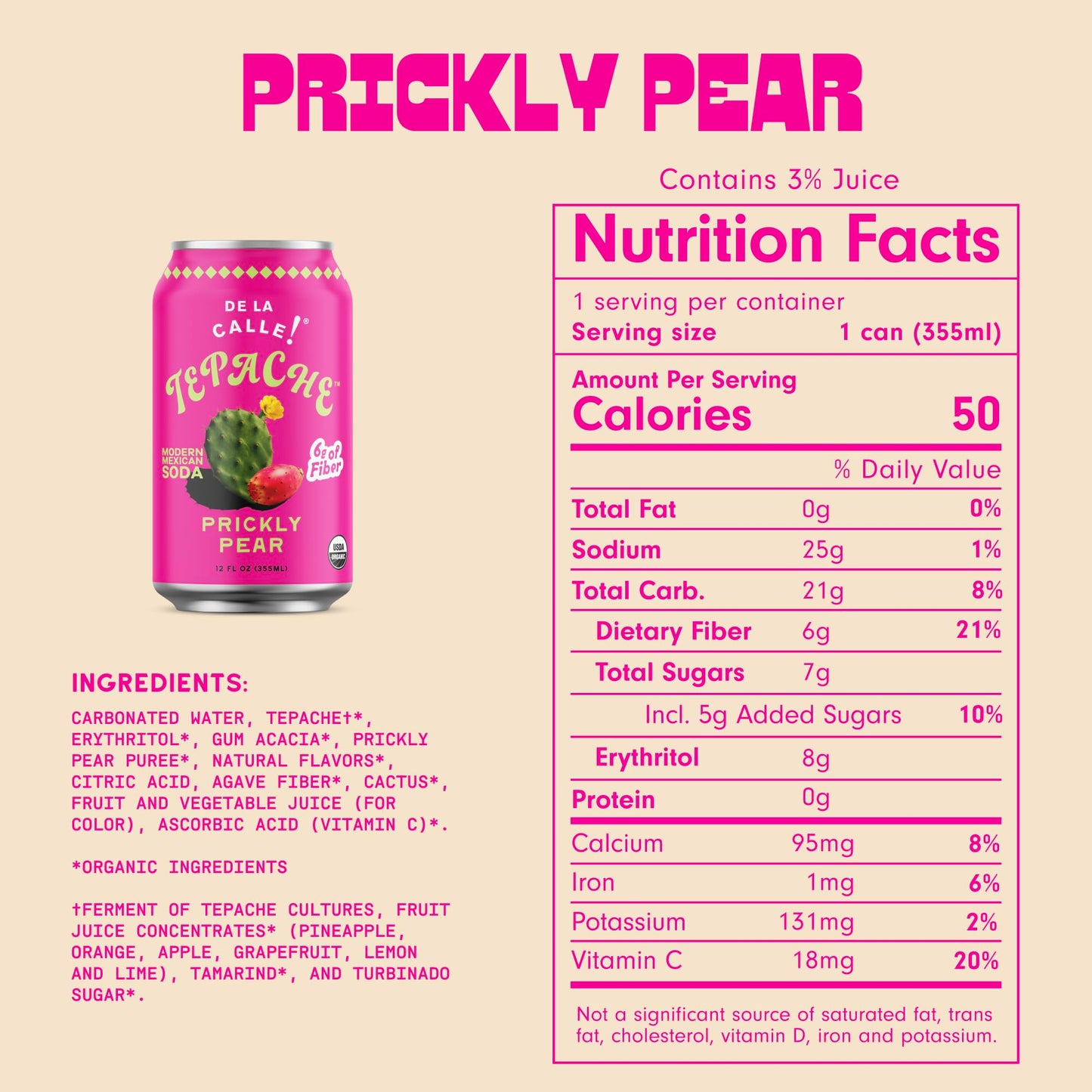 De La Calle Tepache - Cactus Prickly Pear - Modern Mexican Soda - Craft Fermented Pineapple Sparkling Beverage - Certified Organic, Non-Alcoholic