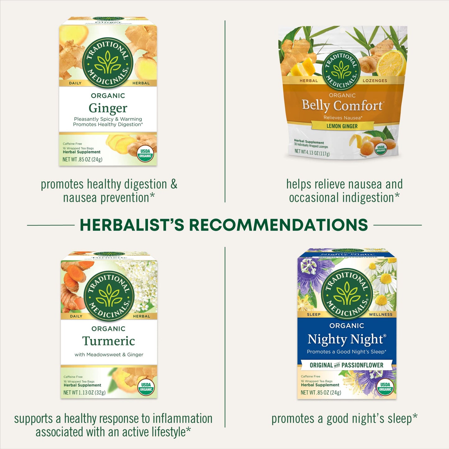 Traditional Medicinals Tea, Organic Ginger & Chamomile - Occasional Nausea & Indigestion Relief - Kosher, Non-GMO, Caffeine-Free - 16 Tea Bags